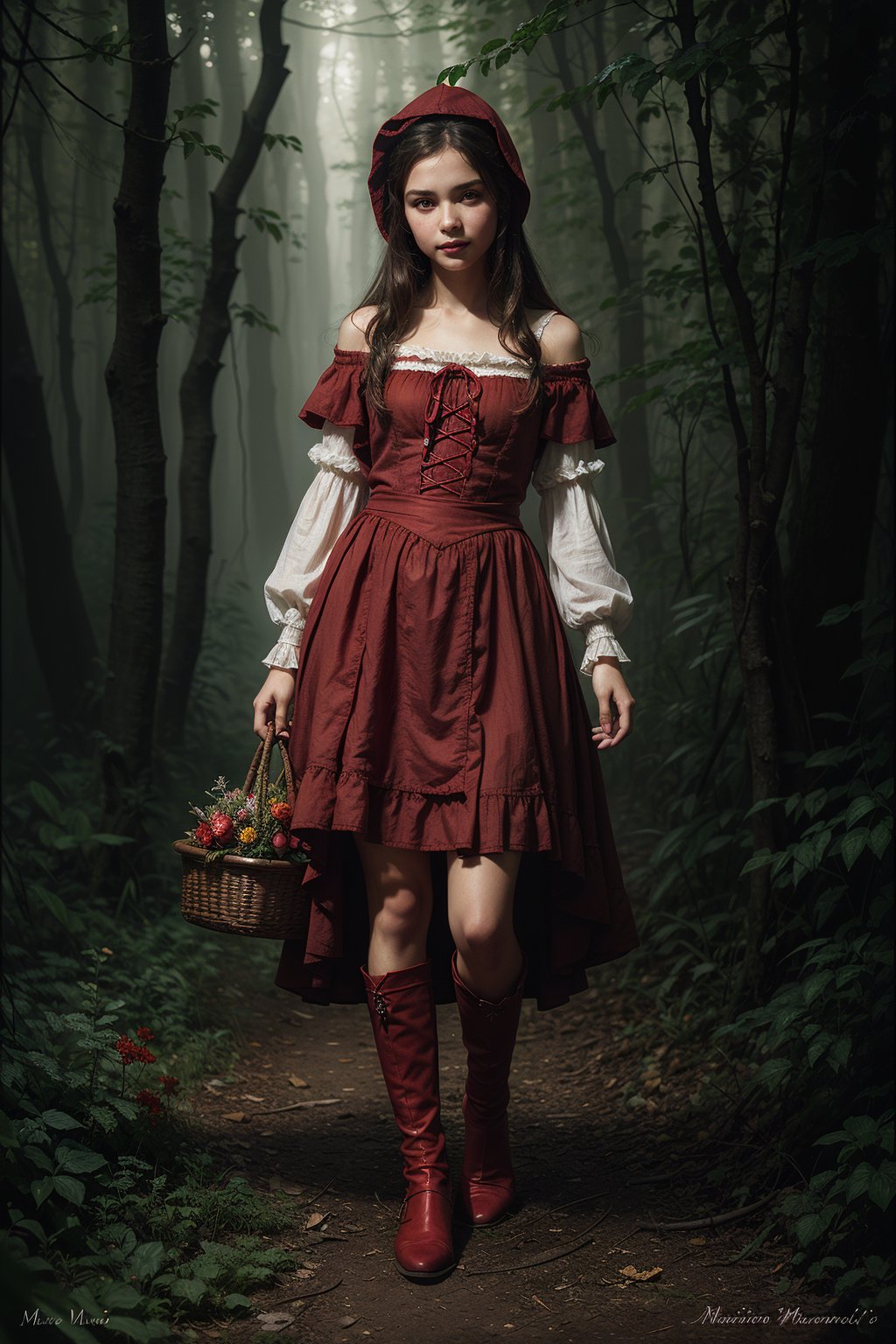 little red riding hood, 13 year old, fresh faced, pretty happy_face, full_body, vivid color, masterful painting in the style of Anders Zorn | Marco Mazzoni | Yuri Ivanovich, Aleksi Briclot, Jeff Simpson, digital art painting style