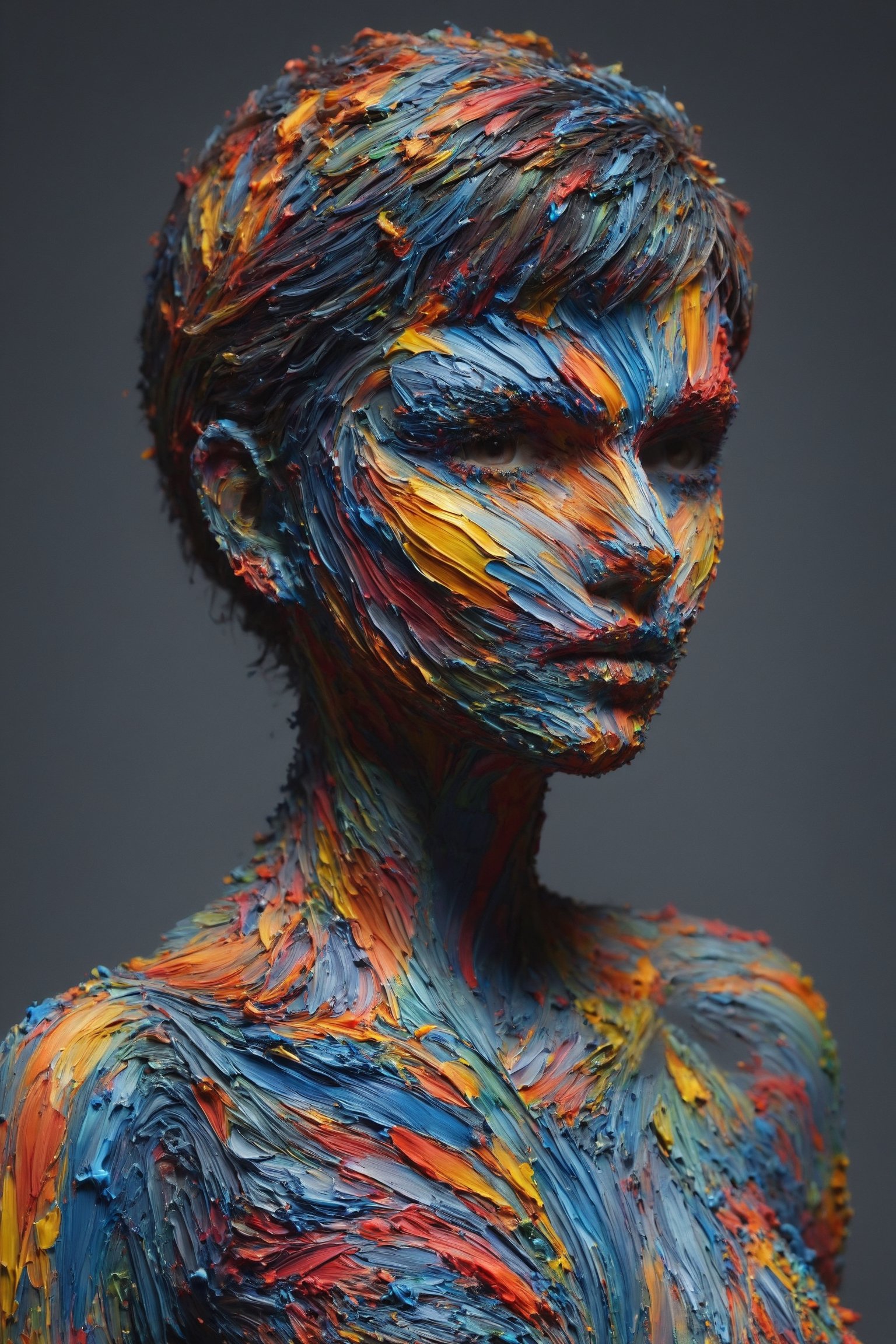 All Paint is thick and rainbow colors, multiple layers of long flowing strokes of acrylic paint, 4k, a sensual brunette, pixie cut, short hair, woman covered in thick paint strokes, emily ratajkowski face coverd in paint, she is looking sensually at the viewer, (her eyes are directed at the viewer:1.2), large breasts covered in paint, every curve of her body is accentuated by the thick paint brush strokes, face covered in paint, hips covered in paint, legs covered in long sensual paint strokes, shoulders and arms covered in vibrant paint, (full_body:1.2),covered with ais-acrylicz