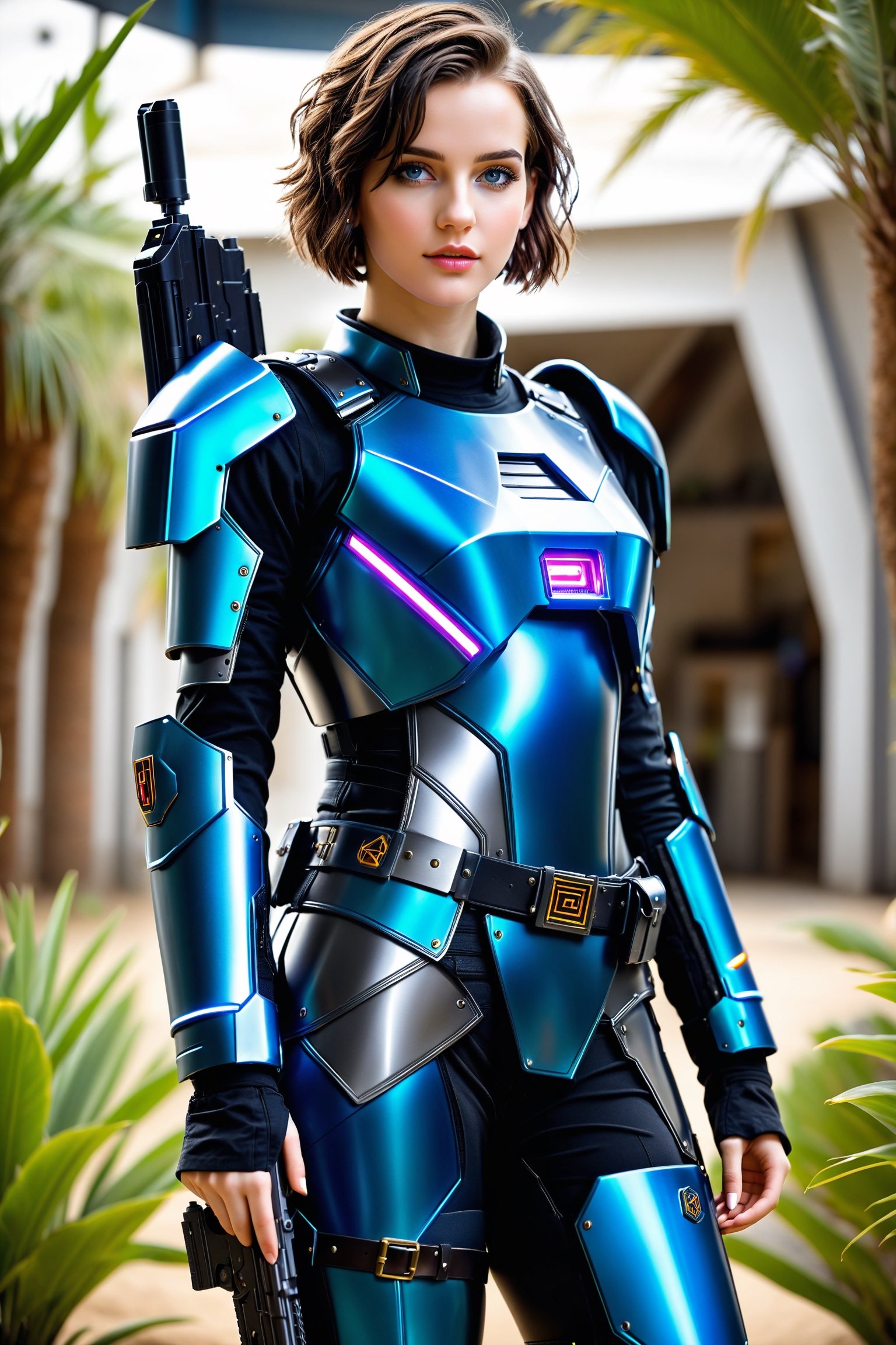 A realistic photo of Art3mis from the book "Ready Player One", Include details about her appearance, 20 years old, teen nerd dream girl, intriguing face, blue eyes, compact hourglass figure, and science fiction (gun metal blue:1.1) armor within the Oasis, short raven hair, science fiction gun belt with holsters each hip, fantasy sword on her back, googles or glasses on forehead, Be sure to convey her captivating and charismatic presence, detailed skin, natural skin, full_body,DonMCyb3rSp4c3XL,score_9