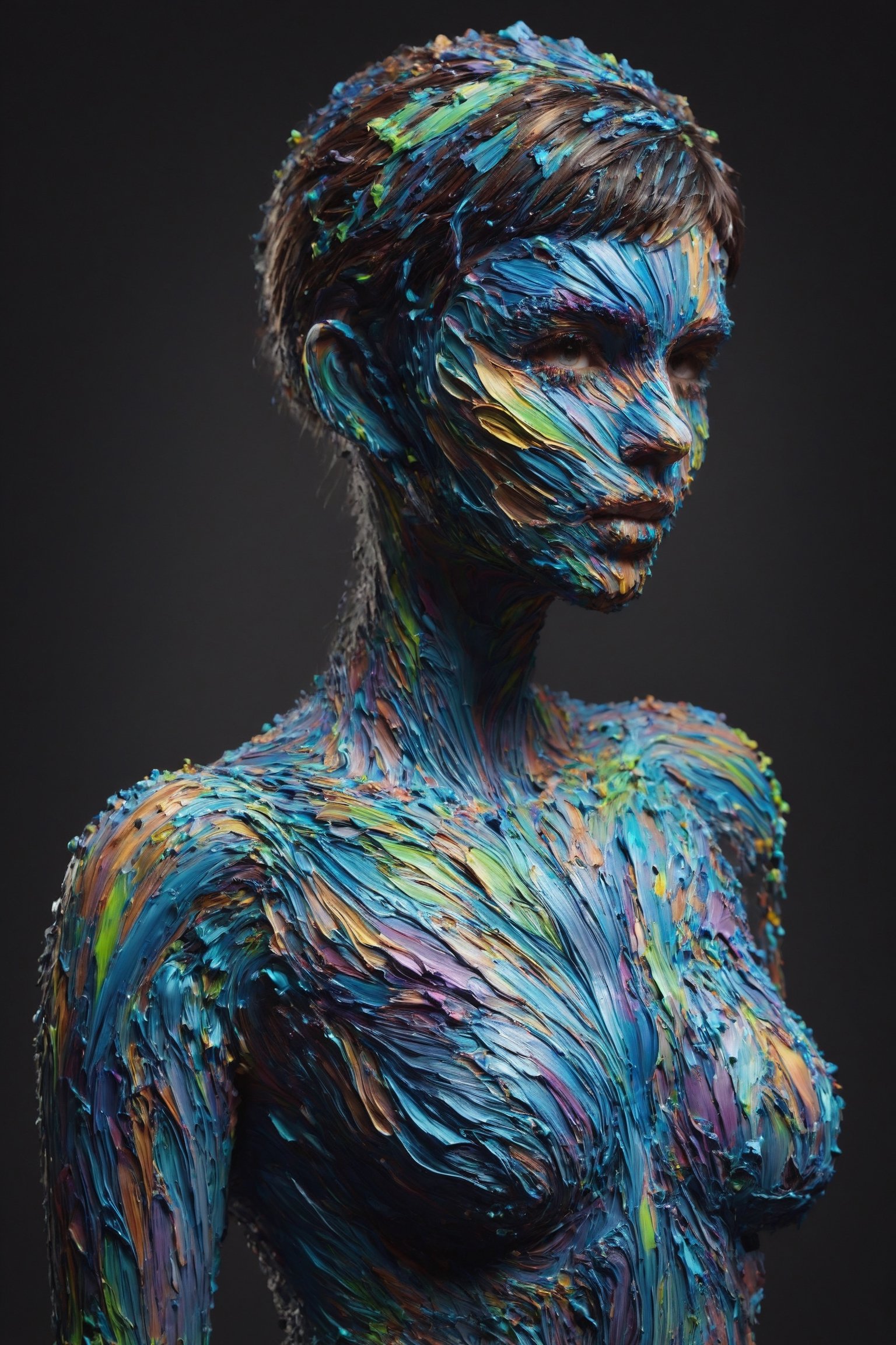 All Paint is smooth, long flowing strokes of acrylic paint, 4k, a sensual brunette, pixie cut, short hair, (arms above head:1.3),woman covered in smooth paint strokes, emily ratajkowski face coverd in paint, she is looking sensually at the viewer, (her eyes are directed at the viewer:1.2), large breasts covered in paint, every curve of her body is accentuated by the flowing paint , face covered in paint, hips covered in paint, legs covered in smooth sensual paint , ((Black background)),shoulders and arms covered in paint, blue paint, lime paint, green paint, teal paint, purple paint, aqua paint, ((close_up)) ,covered with ais-acrylicz