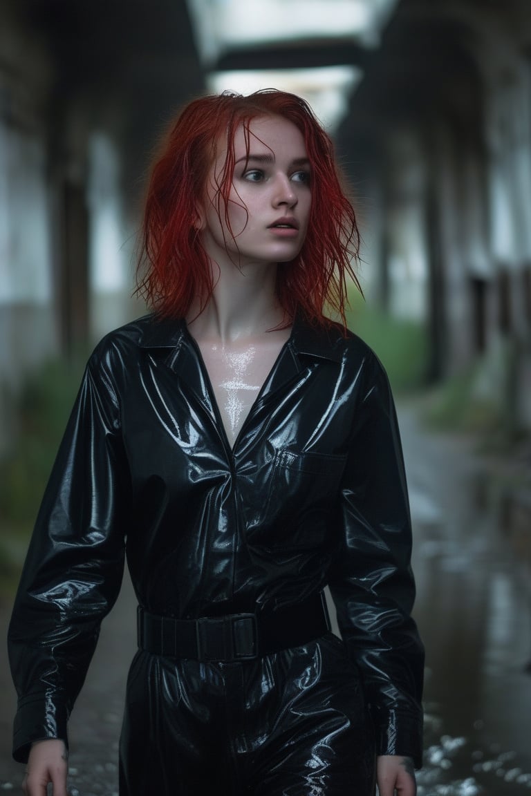 Full body photo of young woman, red haired, dressed in black latex tired wet dirty. She looks as if she has just escaped from a dangerous situation in an urban environment, 8k, hyper realistic, mottled lighting