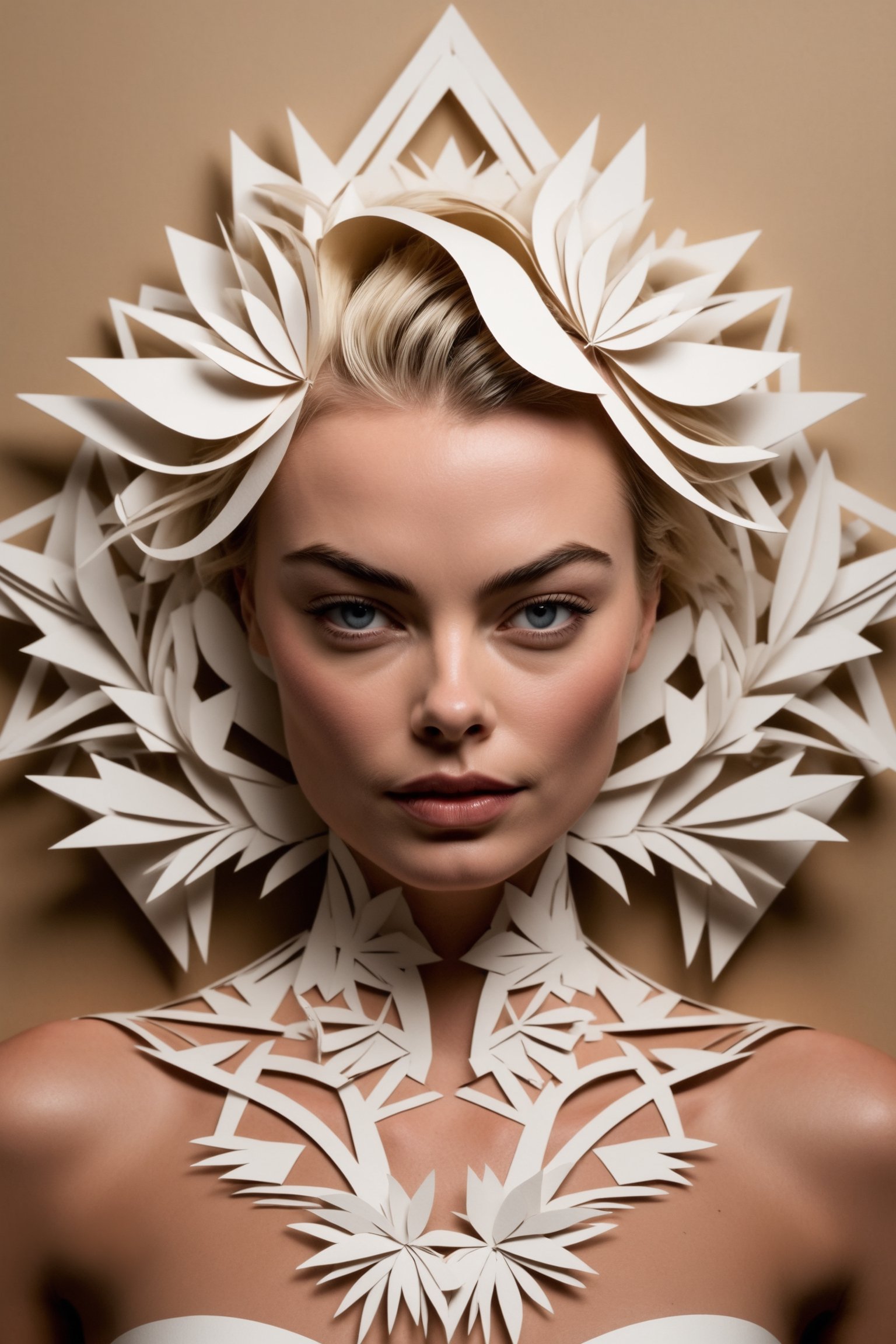 punk, Margot Robbie (Kirigami representation:1.5), 3D, paper folding, angle view, medium breasts, paper cutting, Japanese, intricate, symmetrical, precision, clean lines, flora borsi and albert gleizes, Folk Art Style, massurrealism,
