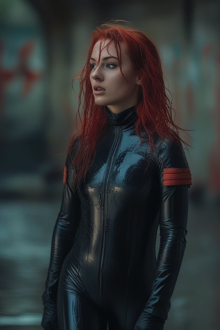 Full body photo of young woman, red haired, dressed in black latex tired wet dirty. She looks as if she has just escaped from a dangerous situation in an urban environment, 8k, hyper realistic, mottled lighting