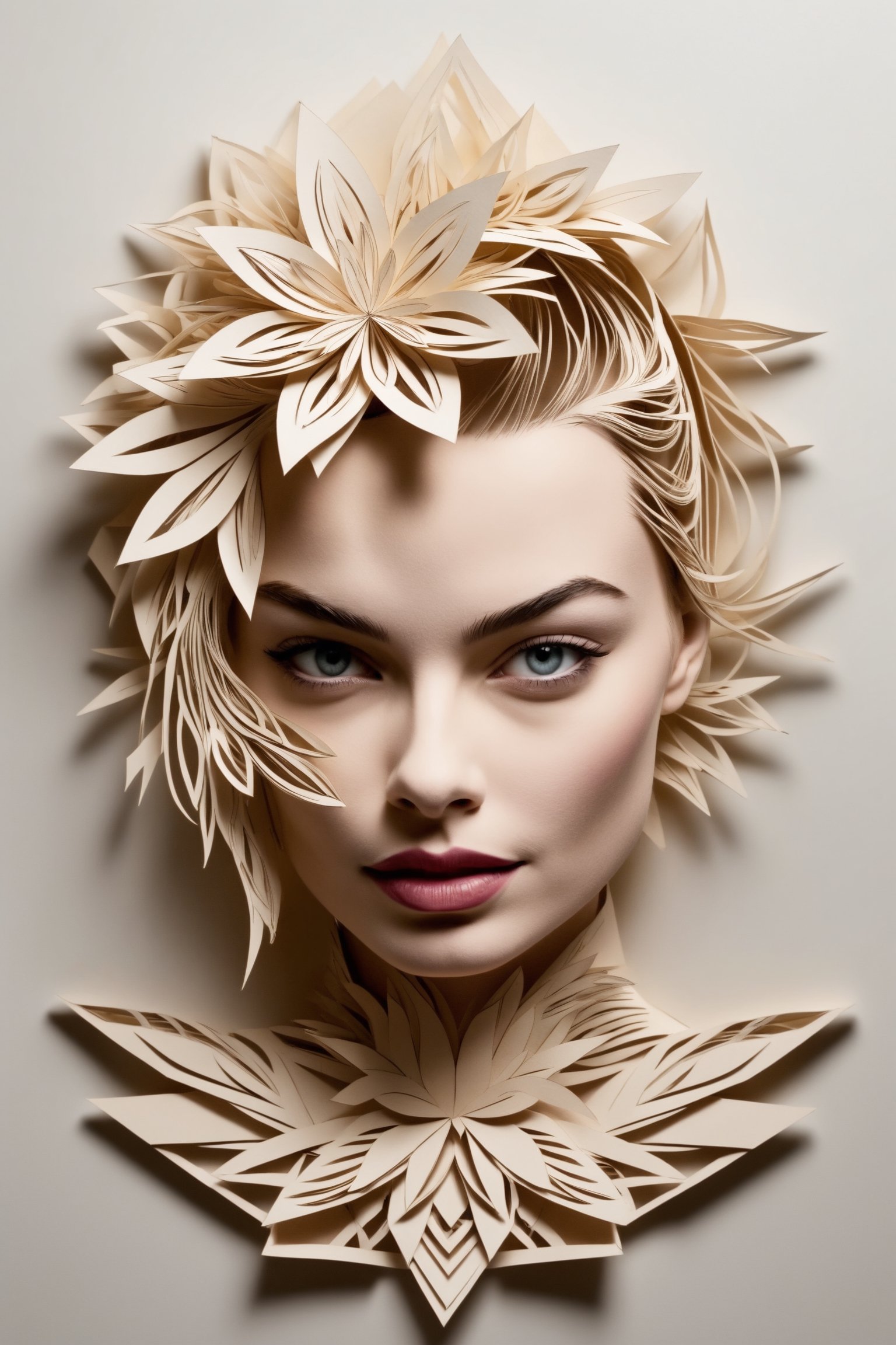 punk, 20 year old, Margot Robbie (Kirigami representation:1.5), 3D, paper folding, angle view, medium breasts, paper cutting, Japanese, intricate, symmetrical, precision, clean lines, flora borsi and albert gleizes, Folk Art Style, massurrealism,
