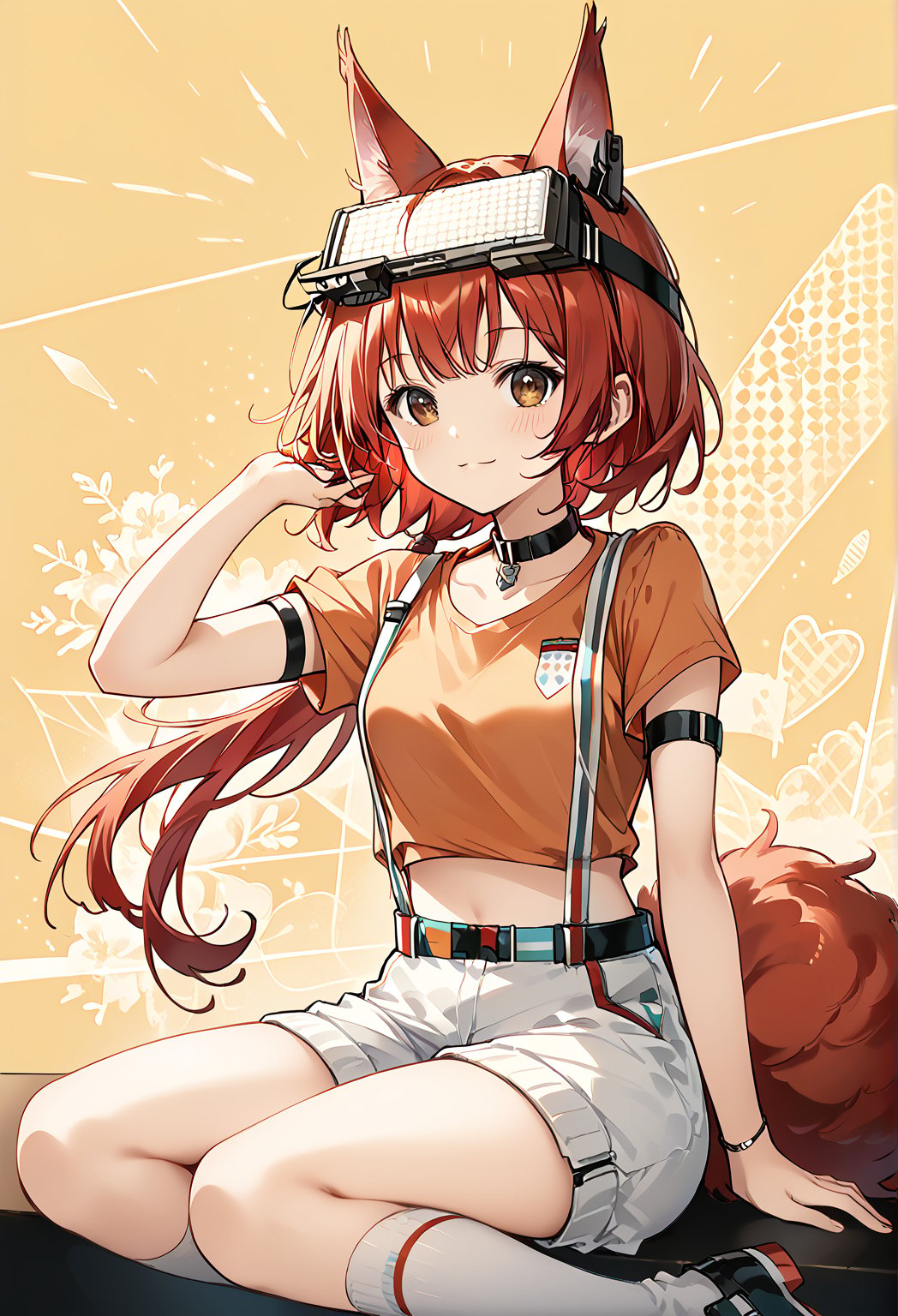 score 9, score 8 up, score 7 up, rating questionable,detailed background,aroused,cinematic lighting,dynamic lighting, source_anime,
 1girl, solo, flametail, red hair, long hair, animal ears, brown eyes, squirrel tail, orange shirt, white shorts, suspenders, VR helmet, midriff, black choker, thigh strap, arm strap, single glove, shoes, socks, sitting, yellow background, happy,