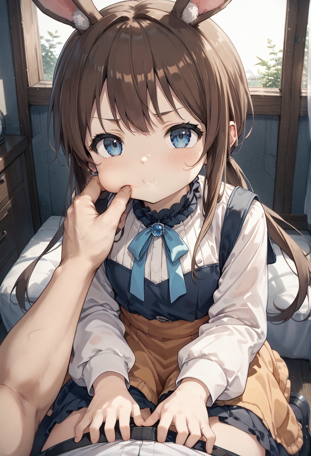 masterpiece, best quality, score_9, score_8_up, score_7_up, best quapoty, highres, absurdres, source_anime,1girl,1boy, cheek pinching, pov hands, annoyed look, pout, puffy cheeks, brown hair, long hair, sidelocks, low ponytail, blue eyes, rabbit ears,amiya,loli,