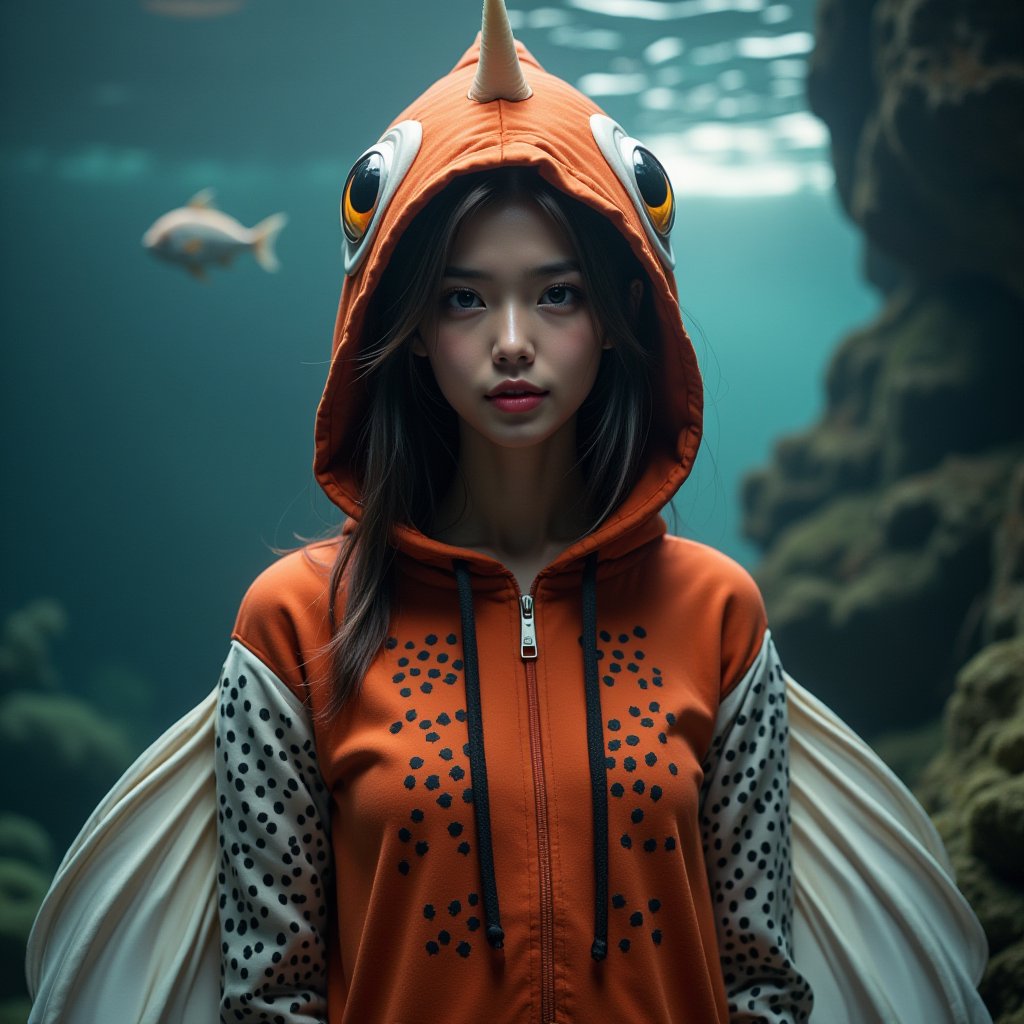 Perfect dynamic composition, Perfect Realism Photography, Portrait Photography, Realistic, hyper realistic, Cinematic Photography, panorama, 1girl, perfect body, skinny waist, mouth slightly open, puffed out cheeks as swelling to the size of small balloons, lips form a round | She is wearing a a striking hoodie designed with aquatic vibes, based on the Seaking's fish-like features. The body of the hoodie would be an orange-red base with black accents around the chest and head area, mimicking the fish’s distinct pattern. The hood would feature a small cream-colored horn at the top, representing the Seaking's horn, along with large fish eyes on either side. The sleeves and back could be designed with white, flowing fin-like extensions with black spots, resembling the Seaking's delicate and ornate fins. This hoodie would blend elements of aquatic elegance and fantasy, perfect for a fun and unique outfit. | Her mouth slightly open and her cheeks puffed out, as her lips form a round. | The backgound is aquarium.