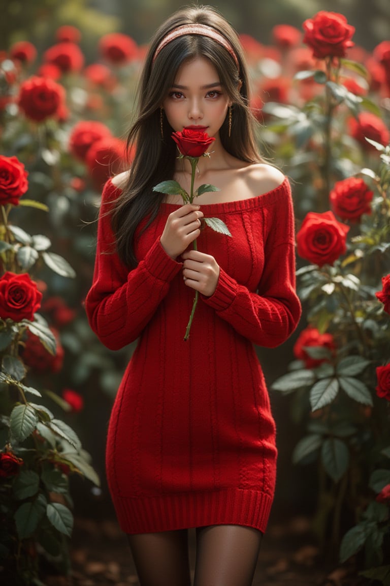 Cinematic Photography, panorama, full body shot, 1girl, red eyes, perfect body, skinny waist | She is wearing a stylish red, off shoulder knitted sweater dress with a relaxed fit, which has a slightly wide neckline. Her outfit is complemented by dark, opaque tights that emphasize her movement and balance. Her head features long, flowing dark hair with a silky texture that moves dynamically. She is wearing a wide, light-colored headband that holds her hair back, giving a tidy yet fashionable look. She also has a pair of long, gold earrings. | She is calm, elegant, and introspective. She is standing upright with a straight posture, gently holding a red rose close to her face, as if she’s smelling or admiring it. Both of her hands delicately cradle the stem of the rose, giving a sense of care and softness. Her gaze is directed forward, but her expression is serene and somewhat mysterious, adding a sense of contemplation or allure. The background is the garden that Amidst the roses. | Perfect dynamic composition, Perfect Realism Photography, Portrait Photography, Realistic, hyper realistic