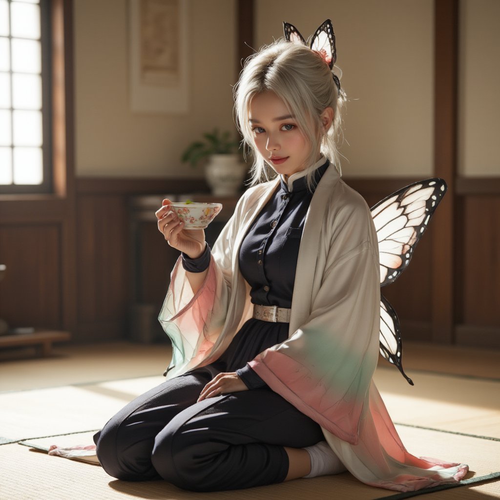 Cinematic Photography, 1girl, white_hair, perfect body, skinny waist | She is wearing a layered, formal attire with distinct features. The outermost layer is a flowing butterfly-winged haori-style jacket, white with a gradient of soft pink and mint green at the edges, patterned with black butterfly wing-like details. Underneath, she is wears a fitted dark uniform with a high collar and thin silver belt, typical of a formal, disciplined style. The haori's flowing sleeves contrast the fitted uniform underneath, giving an elegant yet functional appearance. Paired with loose pants gathered at the ankles and traditional tabi-style socks with sandals, creating a blend of elegance, grace, and agility, with the  featuring a subtle gradient that mirrors the haori. The entire outfit blends traditional and formal elements, creating a sense of both grace and authority. A butterfly hairpin completes the look, reinforcing a delicate yet powerful theme. | close up shot, she sits gracefully in a traditional seiza position on a tatami mat, her legs folded neatly beneath her. One hand gently cradles a small Japanese tea bowl (chawan), while the other carefully raises it toward her lips. Her posture is upright yet relaxed, with a slight forward tilt of her head as she prepares to take a sip. Her haori drapes elegantly around her, its butterfly-like sleeves resting softly on the floor. | background she is in a traditional Japanese tea room (chashitsu) with sliding shoji doors, soft natural light filtering through. A low wooden table with a simple tea set rests beside her, and behind her, there could be a hanging scroll (kakemono) or a small alcove (tokonoma) displaying minimalistic flower arrangements (ikebana). The calm, earthy tones of the room and the subtle fragrance of tatami create an atmosphere of serene tradition and harmony. | Perfect dynamic composition, Perfect Realism Photography, Portrait Photography, Realistic, hyper realistic