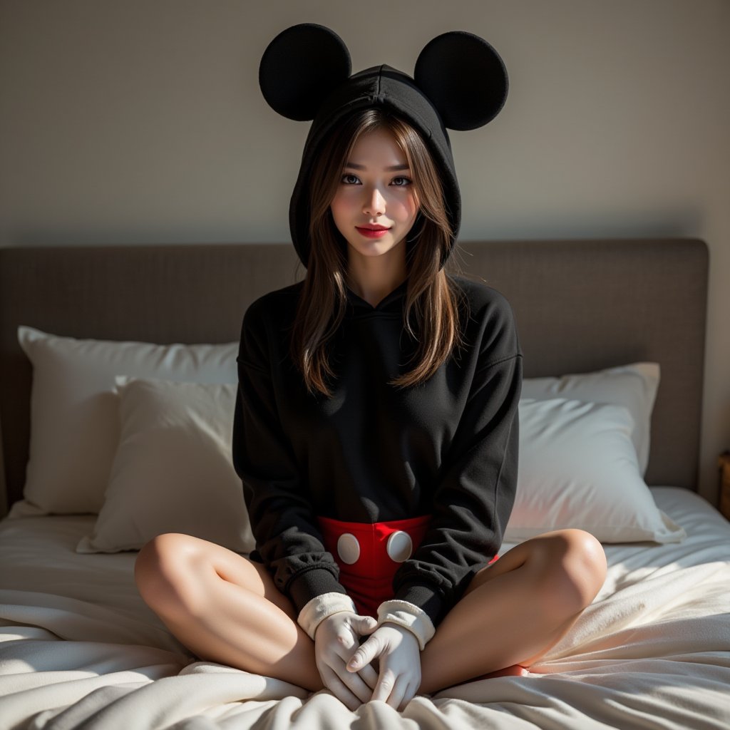 Perfect dynamic composition, Perfect Realism Photography, Portrait Photography, Realistic, hyper realistic, Cinematic Photography, full body shot, panorama, 1girl, perfect body, skinny waist | She is wearing a classic black hoodie inspired by Mickey Mouse’s signature look. The hood would feature large, round black ears on top, instantly recognizable as Mickey’s iconic feature. The body of the hoodie would resemble Mickey’s red shorts, with two large white buttons printed on the front to mimic the shorts’ design. The sleeves would have white glove-like cuffs to resemble Mickey’s gloves, adding a playful touch. The back of the hoodie could have a small, thin black tail for added detail, completing the Mickey Mouse look. Perfect for fans of the beloved character, combining comfort with timeless cartoon fun. | She sat cross-legged on the bed, her feet tucked comfortably beneath her as she leaned back against the headboard. The soft blanket was pulled up around her legs, and she absentmindedly traced the patterns on the fabric with her fingers. The bedroom was quiet, bathed in the soft light streaming in from the window, creating a cozy, intimate atmosphere