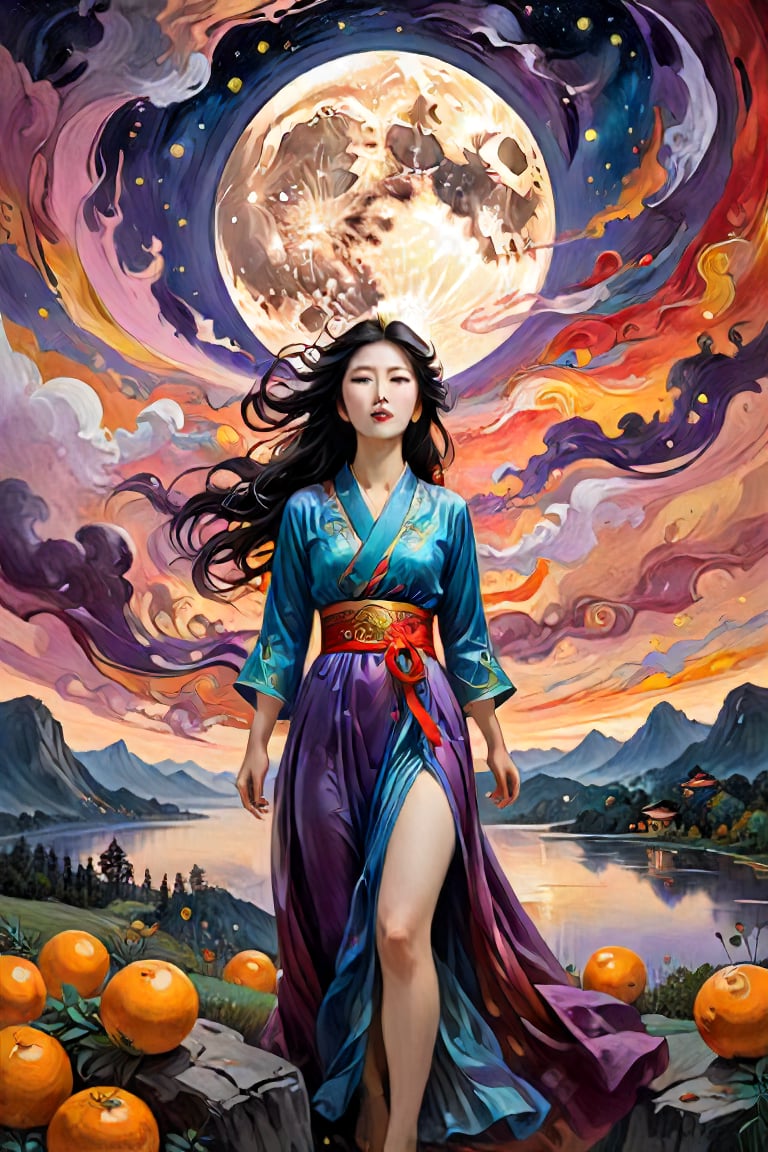 Perfect dynamic composition, Perfect Realism Photography, Portrait Photography, Realistic, hyper realistic, Cinematic Photography, panorama. | Painting "Mid-Autumn Festival, Chang'e Ascends to the Moon" in the style of Skrik (The Scream by Edvard Munch) | A swirling vortex of color and emotion. The serene image of Chang'e ascending toward the moon would be replaced by an ethereal, ghostly figure, her face twisted in an expression of both longing and existential fear. The moon, once a soft beacon of light, becomes a looming, distorted presence in the sky, glowing with an unsettling, almost ominous brightness. The surrounding clouds and night sky, instead of being calm, are now rendered in jagged, chaotic brushstrokes, their hues exaggerated into swirling oranges, reds, and purples, mirroring an inner turmoil. The landscape below, typically peaceful and harmonious in traditional depictions, undulates like a dreamscape, with distorted, ghostly silhouettes watching her ascent, emphasizing a sense of isolation and the fragility of the human condition in the face of the vast, uncaring universe. The entire scene vibrates with tension, as if the very fabric of reality is on the verge of unraveling.