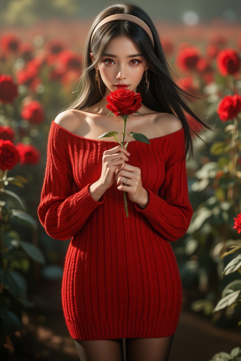 Cinematic Photography, panorama, full body shot, 1girl, red eyes, perfect body, skinny waist | She is wearing a stylish red, off shoulder knitted sweater dress with a relaxed fit, which has a slightly wide neckline. Her outfit is complemented by dark, opaque tights that emphasize her movement and balance. Her head features long, flowing dark hair with a silky texture that moves dynamically. She is wearing a wide, light-colored headband that holds her hair back, giving a tidy yet fashionable look. She also has a pair of long, gold earrings. | She is calm, elegant, and introspective. She is standing upright with a straight posture, gently holding a red rose close to her face, as if she’s smelling or admiring it. Both of her hands delicately cradle the stem of the rose, giving a sense of care and softness. Her gaze is directed forward, but her expression is serene and somewhat mysterious, adding a sense of contemplation or allure. The background is the garden that Amidst the roses. | Perfect dynamic composition, Perfect Realism Photography, Portrait Photography, Realistic, hyper realistic