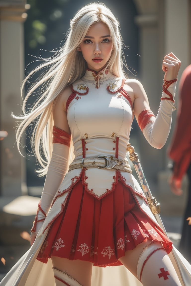 Cinematic Photography, from back, 1girl, white_hair, perfect body, skinny waist | A young woman in a white and red warrior outfit stands in a dynamic battle stance. Her sleeveless top with chest armor, red-gold shoulder accents, and pleated red skirt with royal cross patterns evokes medieval nobility. She wears thigh-high white stockings with red royal cross designs, long white gloves, and ankle-high boots. A cape-like back skirt flows behind her, adding motion. She grips a smallsword firmly in front, angled upward, her posture balanced and ready to strike. The scene is set in a fantasy battlefield, with her intense gaze locked on an unseen opponent. The backdrop might be a fantastical battlefield or medieval setting, where her attire not only serves as protection but also represents her strength and status in combat. | Perfect dynamic composition, Perfect Realism Photography, Portrait Photography, Realistic, hyper realistic, full shot, panorama