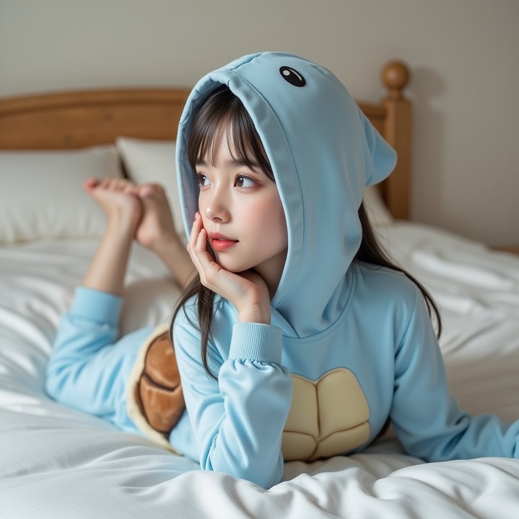 Perfect dynamic composition, Perfect Realism Photography, Portrait Photography, Realistic, hyper realistic, Cinematic Photography, panorama, 1girl, perfect body, skinny waist | She is wearing a playful and cozy hoodie inspired by a turtle-like character, with a light blue base to match the Squirtle’s color. The front of the hoodie would have a printed or textured cream shell pattern, representing the Squirtle’s belly. The back of the hoodie would feature a 3D brown and cream shell design, adding a unique and fun touch to the outfit. The hood would include cute details like the Squirtle’s expressive eyes and a small tail curling out at the bottom of the hoodie’s back. This hoodie would be perfect for fans who love water-themed Squirtle and want a comfortable, whimsical design. | She is lying face down on a bed, with her chest resting on the mattress. Her legs are stretched out behind her, slightly bent at the knees. Her elbows are propped on the bed, and she are holding her chin with both hands, creating a playful expression. Her head is tilted slightly upwards, and she seem relaxed or daydreaming.