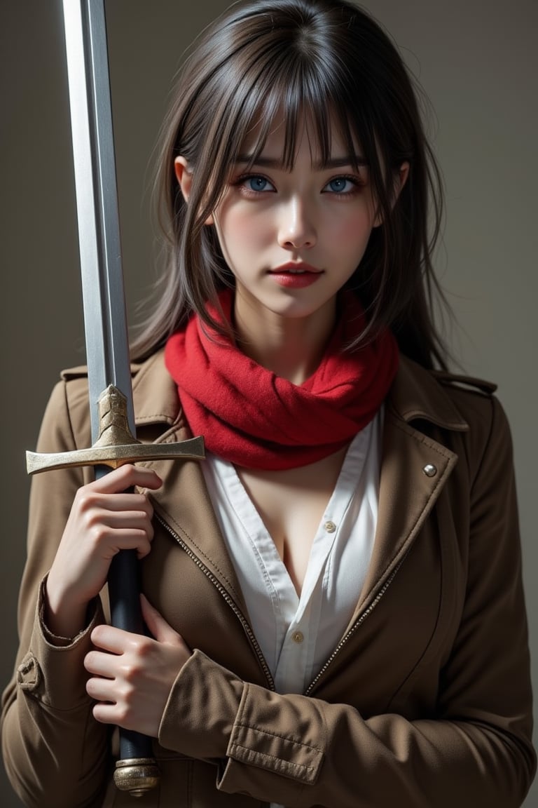 Cinematic Photography, 1girl, white_hair, perfect body, perfect clavicle, cleavage, skinny waist, red_glowing_eyes | She is wearing a brown jacket, a white shirt, a red scarf, and brown boots. Her boots are brown, and she is holding a sword in her right hand. Her left hand is raised in the air, while her right arm is bent at the elbow. Her eyes are a piercing blue. Her hair is a dark brown, with bangs and bangs. She has a serious expression on her face. | Perfect dynamic composition, Perfect Realism Photography, Portrait Photography, Realistic, hyper realistic