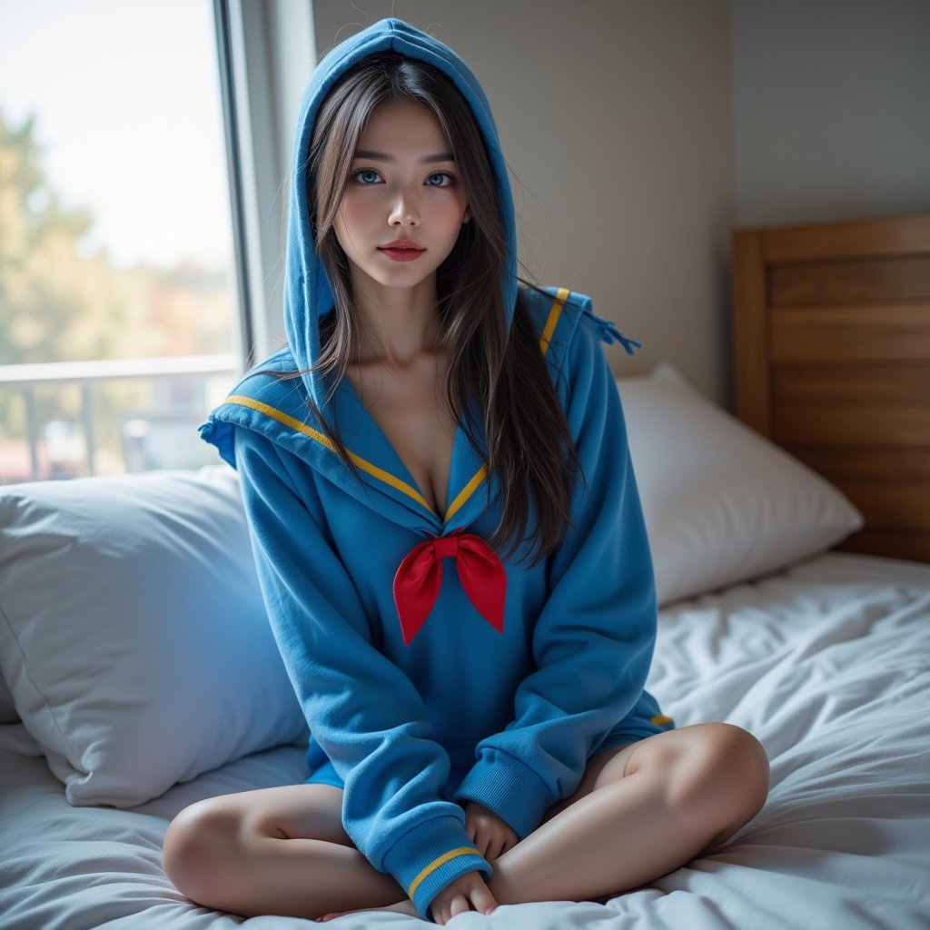 Perfect dynamic composition, Perfect Realism Photography, Portrait Photography, Realistic, hyper realistic, Cinematic Photography, full body shot, panorama, 1girl, perfect body, skinny waist | She is wearing a vibrant blue hoodie resembling Donald Duck’s iconic sailor outfit. The hoodie would feature a sailor collar with yellow trim and a red bow at the front, mimicking Donald’s classic attire. The hood would include Donald’s face design, with his bright blue eyes and a soft yellow bill extending over the forehead. The back could have a small white tail detail to match Donald’s appearance, and the cuffs would have small white faux-feather accents to resemble his wings. The hoodie would combine playful, classic cartoon charm with cozy comfort. | She sat cross-legged on the bed, her feet tucked comfortably beneath her as she leaned back against the headboard. The soft blanket was pulled up around her legs, and she absentmindedly traced the patterns on the fabric with her fingers. The bedroom was quiet, bathed in the soft light streaming in from the window, creating a cozy, intimate atmosphere