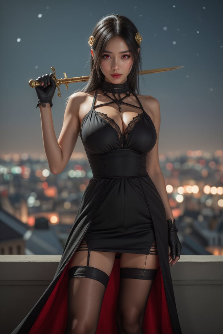 Cinematic Photography, panorama, full body shot, 1girl, red eyes, perfect body, skinny waist | She is wearing a black form-fitting sleeveless dress, revealing the upper part of her thighs. while the dress has thin, criss-crossing black straps and a unique choker-style neckline with cut-out sections that highlight her shoulders and chest area. She is wearing thigh-high black stockings with cut-out designs near the top, creating a bold and striking contrast against the smooth, matte finish of the fabric. Her hands are adorned with short black gloves that extend past the wrist. She is wearing black high heels. Her dress has a flowing cape attached from waist with a red inner lining. A golden rose-shaped accessory is pinned to her hair, and she is holding a dagger above her head. | Her posture is assertive and commanding, as she stands with one arm extended, holding a golden rapier in a backhand position with the rapier extending downward. Her body is slightly angled forward, with her other hand resting on her hip, creating a stance that conveys both readiness and authority. She gazes forward with intensity, exuding strength and control. | The background features a rooftop setting under a night sky filled with stars, with a cityscape stretching out in the distance. The city below is illuminated with soft, glowing lights, which create a sense of depth and scale. The setting suggests that she might be in a high place, perhaps overlooking a grand or important location, as though she is watching over or preparing for an action. | Perfect dynamic composition, Perfect Realism Photography, Portrait Photography, Realistic, hyper realistic