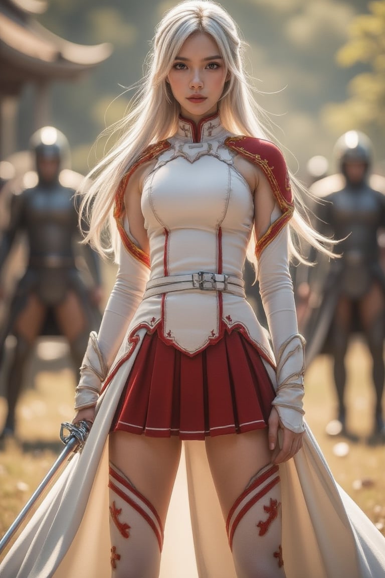 Cinematic Photography, from back, 1girl, white_hair, perfect body, skinny waist | A young woman in a white and red warrior outfit stands in a dynamic battle stance. Her sleeveless top with chest armor, red-gold shoulder accents, and pleated red skirt with royal cross patterns evokes medieval nobility. She wears thigh-high white stockings with red royal cross designs, long white gloves, and ankle-high boots. A cape-like back skirt flows behind her, adding motion. She grips a smallsword firmly in front, angled upward, her posture balanced and ready to strike. The scene is set in a fantasy battlefield, with her intense gaze locked on an unseen opponent. The backdrop might be a fantastical battlefield or medieval setting, where her attire not only serves as protection but also represents her strength and status in combat. | Perfect dynamic composition, Perfect Realism Photography, Portrait Photography, Realistic, hyper realistic, full shot, panorama