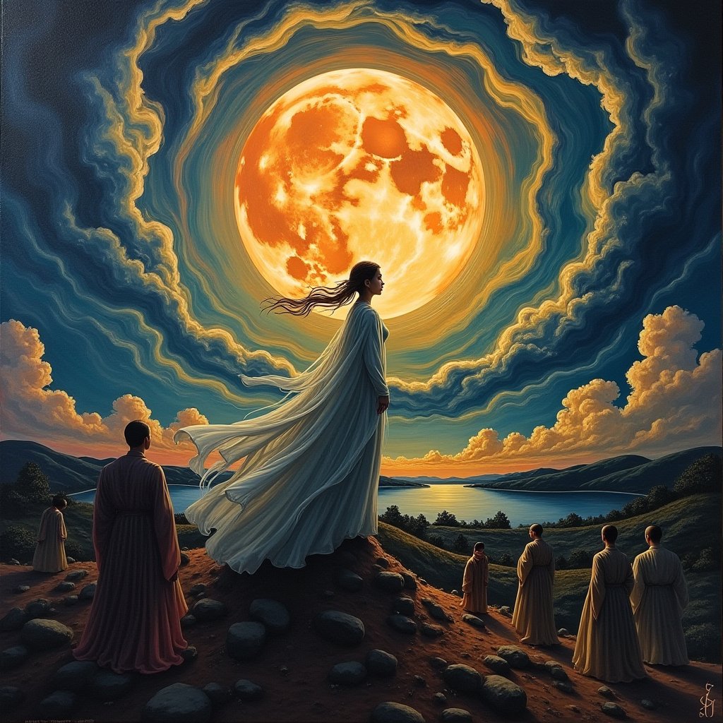 Perfect dynamic composition, Perfect Realism Photography, Portrait Photography, Realistic, hyper realistic, Cinematic Photography, panorama. | Painting "Mid-Autumn Festival, Chang'e Ascends to the Moon" in the style of Skrik (The Scream by Edvard Munch) | A swirling vortex of color and emotion. The serene image of Chang'e ascending toward the moon would be replaced by an ethereal, ghostly figure, her face twisted in an expression of both longing and existential fear. The moon, once a soft beacon of light, becomes a looming, distorted presence in the sky, glowing with an unsettling, almost ominous brightness. The surrounding clouds and night sky, instead of being calm, are now rendered in jagged, chaotic brushstrokes, their hues exaggerated into swirling oranges, reds, and purples, mirroring an inner turmoil. The landscape below, typically peaceful and harmonious in traditional depictions, undulates like a dreamscape, with distorted, ghostly silhouettes watching her ascent, emphasizing a sense of isolation and the fragility of the human condition in the face of the vast, uncaring universe. The entire scene vibrates with tension, as if the very fabric of reality is on the verge of unraveling.