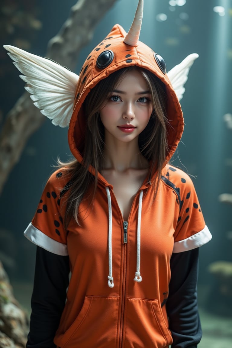 Perfect dynamic composition, Perfect Realism Photography, Portrait Photography, Realistic, hyper realistic, Cinematic Photography, panorama, 1girl, perfect body, skinny waist | She is wearing a a striking hoodie designed with aquatic vibes, based on the Seaking's fish-like features. The body of the hoodie would be an orange-red base with black accents around the chest and head area, mimicking the fish’s distinct pattern. The hood would feature a small cream-colored horn at the top, representing the Seaking's horn, along with large fish eyes on either side. The sleeves and back could be designed with white, flowing fin-like extensions with black spots, resembling the Seaking's delicate and ornate fins. This hoodie would blend elements of aquatic elegance and fantasy, perfect for a fun and unique outfit. | Her mouth slightly open and her cheeks puffed out, as her lips form a round. | The backgound is aquarium.