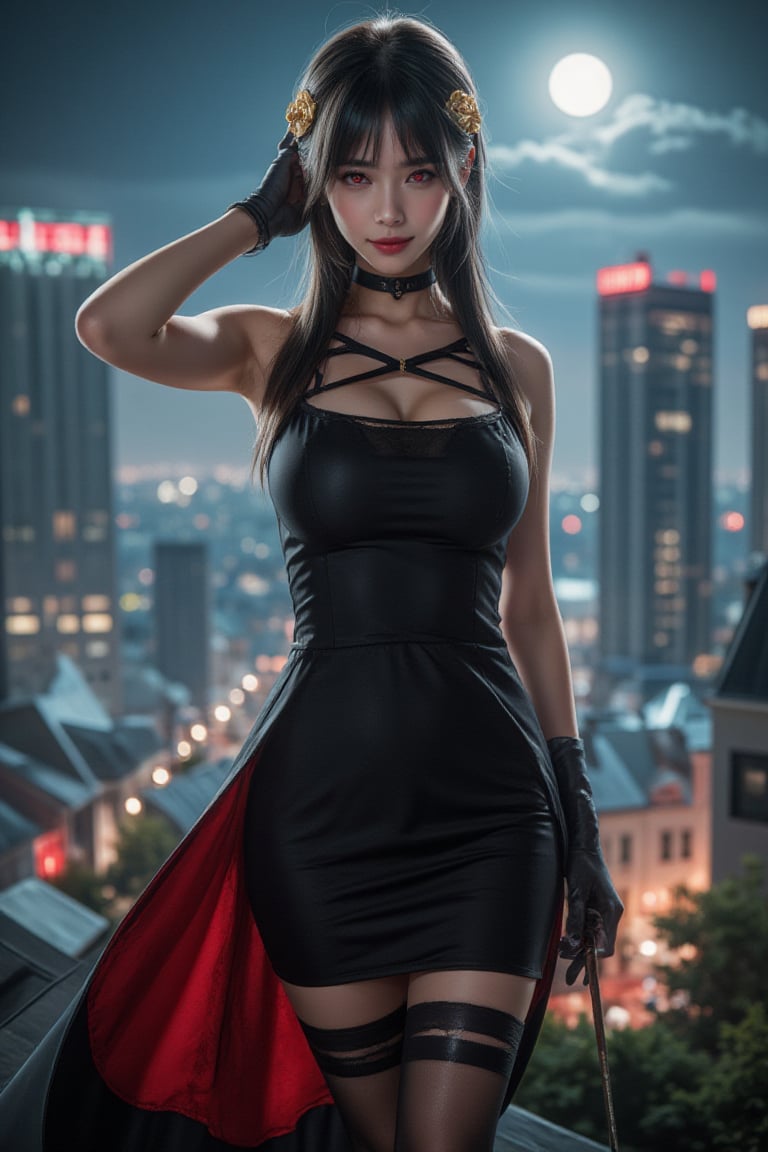 Cinematic Photography, panorama, 1girl, red eyes, perfect body, skinny waist | She is wearing a black form-fitting sleeveless dress, revealing the upper part of her thighs. The neckline is formed by multiple thin black straps that cross and connect around her neck, creating a choker-like appearance while framing her collarbone and shoulders. She is wearing thigh-high black stockings with cut-out designs near the top, creating a bold and striking contrast against the smooth, matte finish of the fabric. Her hands are adorned with short black gloves that extend past the wrist. She is wearing black high heels. Her dress has a flowing cape attached from waist with a red inner lining. A golden rose-shaped accessory is pinned to her hair, and she is holding a dagger above her head. | Her posture is relaxed and confident, with a casual, yet poised stance. She is standing with one hand raised behind her head, casually resting it against her hair, which gives off a sense of ease and self-assuredness. Her other arm is relaxed at her side, further emphasizing the laid-back nature of the pose. The slight tilt of her head and her subtle smile convey a playful and approachable demeanor, while still maintaining an air of strength. | The background depicts a vibrant cityscape at night, illuminated by the soft glow of streetlights and the brilliant shine of the full moon overhead. Tall buildings with lit windows frame the scene, creating the sense of a bustling urban environment. The deep blue of the night sky contrasts with the artificial lights of the city, giving the scene a mix of tranquility and energy. The reflections from the lights add depth, indicating a lively city that never sleeps, yet the moon casts a calm, serene atmosphere over the setting. The distant lights and towering buildings evoke a modern, metropolitan ambiance, possibly hinting at a downtown area or a business district. This city backdrop enhances the character's presence, making her appear as though she's confidently navigating or observing the urban night. | Perfect dynamic composition, Perfect Realism Photography, Portrait Photography, Realistic, hyper realistic