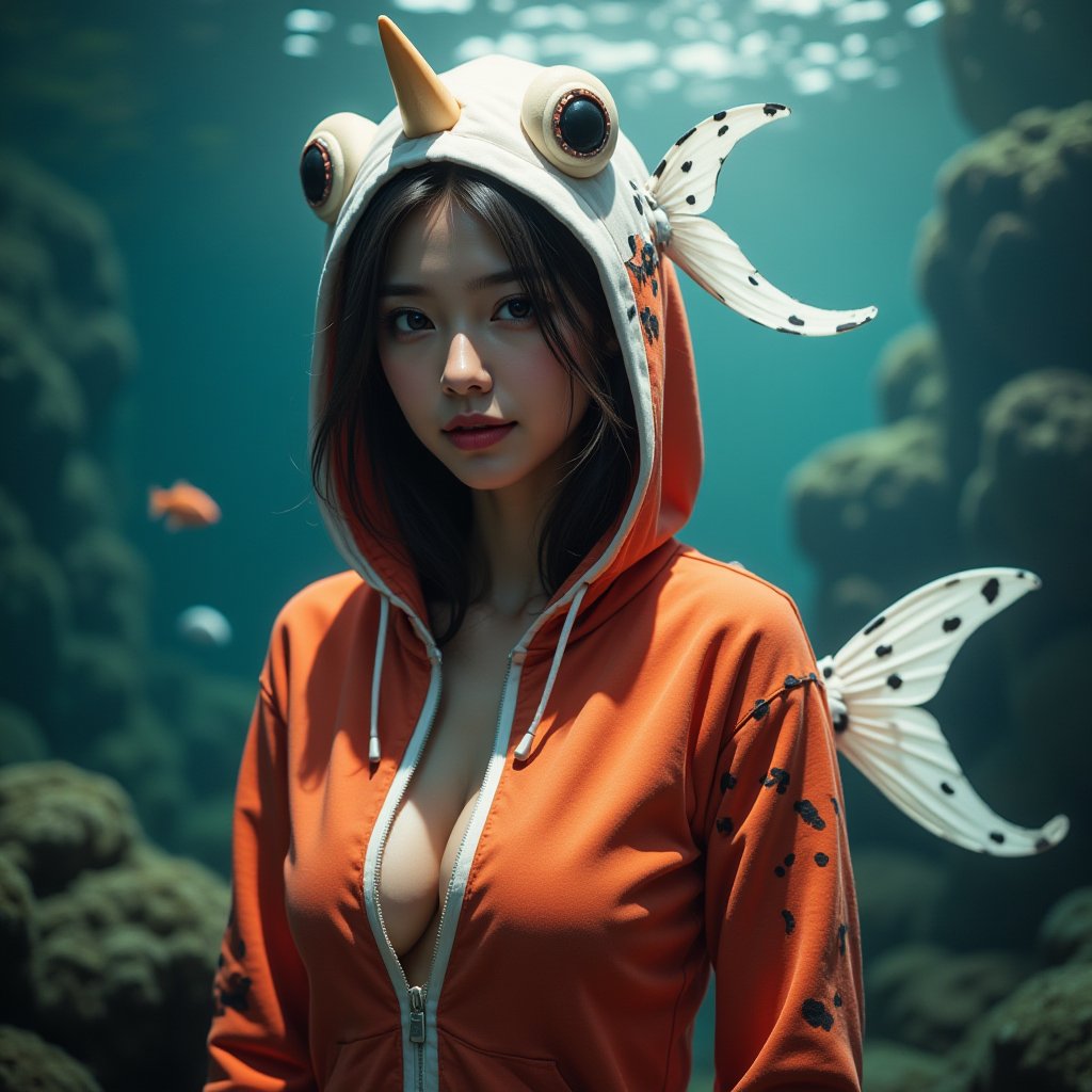 Perfect dynamic composition, Perfect Realism Photography, Portrait Photography, Realistic, hyper realistic, Cinematic Photography, panorama, 1girl, perfect body, skinny waist, mouth slightly open, puffed out cheeks as swelling to the size of small balloons, lips form a round | She is wearing a a striking hoodie designed with aquatic vibes, based on the Seaking's fish-like features. The body of the hoodie would be an orange-red base with black accents around the chest and head area, mimicking the fish’s distinct pattern. The hood would feature a small cream-colored horn at the top, representing the Seaking's horn, along with large fish eyes on either side. The sleeves and back could be designed with white, flowing fin-like extensions with black spots, resembling the Seaking's delicate and ornate fins. This hoodie would blend elements of aquatic elegance and fantasy, perfect for a fun and unique outfit. | Her mouth slightly open and her cheeks puffed out, as her lips form a round. | The backgound is aquarium.