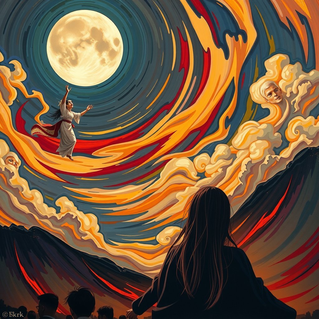 Perfect dynamic composition, Perfect Realism Photography, Portrait Photography, Realistic, hyper realistic, Cinematic Photography, panorama. | Painting "Mid-Autumn Festival, Chang'e Ascends to the Moon" in the style of Skrik (The Scream by Edvard Munch) | A swirling vortex of color and emotion. The serene image of Chang'e ascending toward the moon would be replaced by an ethereal, ghostly figure, her face twisted in an expression of both longing and existential fear. The moon, once a soft beacon of light, becomes a looming, distorted presence in the sky, glowing with an unsettling, almost ominous brightness. The surrounding clouds and night sky, instead of being calm, are now rendered in jagged, chaotic brushstrokes, their hues exaggerated into swirling oranges, reds, and purples, mirroring an inner turmoil. The landscape below, typically peaceful and harmonious in traditional depictions, undulates like a dreamscape, with distorted, ghostly silhouettes watching her ascent, emphasizing a sense of isolation and the fragility of the human condition in the face of the vast, uncaring universe. The entire scene vibrates with tension, as if the very fabric of reality is on the verge of unraveling.