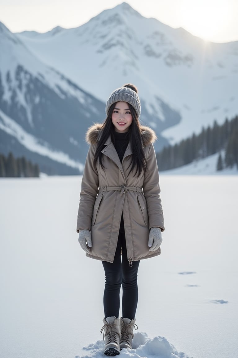 panorama,1girl, perfect body, skinny waist, Portrait Photography, Cinematic Photography | She stands gracefully in the middle of a vast, snow-covered landscape, the mountains rising behind her like silent guardians, their peaks blanketed in shimmering white. The cold air surrounds her, yet she seems unaffected, her face glowing with warmth. Her smile is radiant and gentle, lighting up her soft features, her lips slightly parted in joy. Dark hair cascades from under a knit beanie, a few strands catching the breeze, adding a playful contrast to the snow. Her eyes sparkle with life, reflecting the crisp beauty of the winter scene around her. The pale sunlight filters through the clouds, casting a soft glow on her skin, which has a rosy hue from the cold. She wears a thick coat, its colors muted against the brilliant snow, and her hands are gloved, one resting on her hip while the other dangles loosely by her side. The snow crunches softly beneath her boots, marking her connection to the serene world around her as she stands, peaceful and content, surrounded by nature's quiet majesty. The photo was shot with an ISO of 100 to capture the clarity of the scene and reduce noise, while an aperture of f/8 ensures both the girl and the snowy landscape are in sharp focus. The shutter speed was set to 1/500s to freeze any subtle movement, like snowflakes drifting in the wind. The white balance was set to 'Cloudy' to bring out the cool blues of the snow, while post-processing introduced a light vignette and slightly desaturated colors to create a serene, nostalgic atmosphere. The vast expanse of the mountains adds a sense of isolation, while the girl’s quiet stance evokes a peaceful solitude.