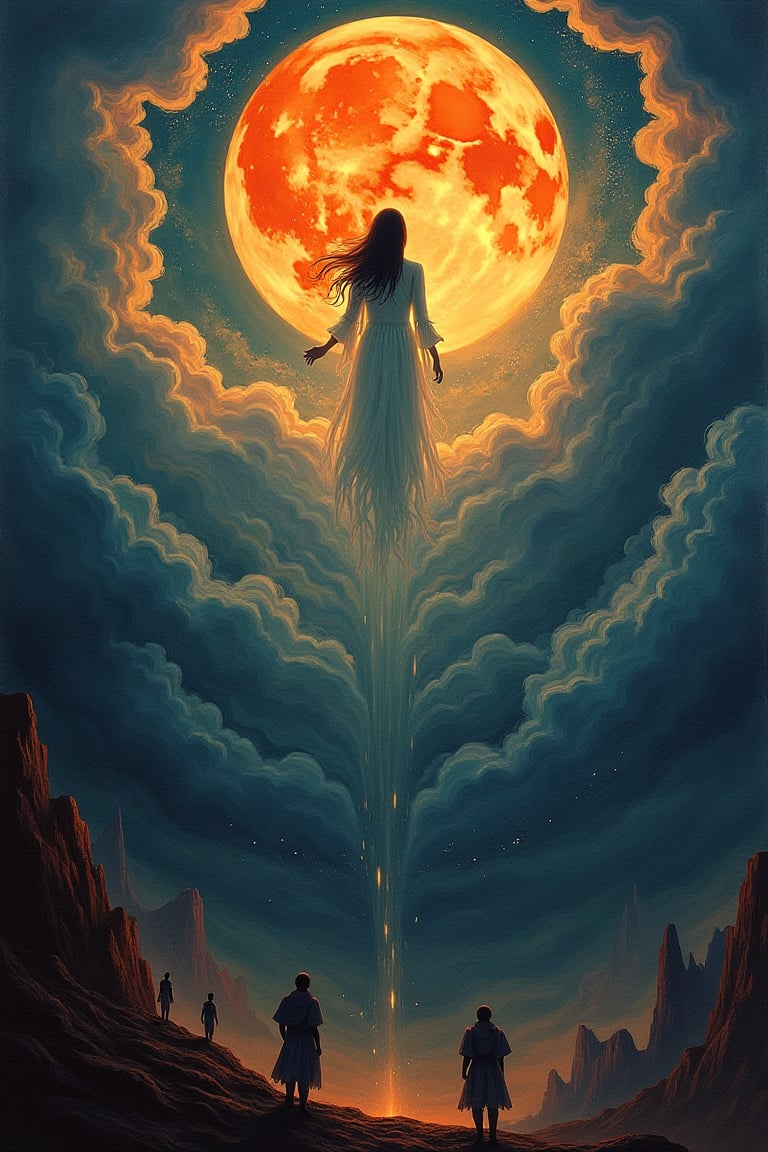 Perfect dynamic composition, Perfect Realism Photography, Portrait Photography, Realistic, hyper realistic, Cinematic Photography, panorama. | Painting "Mid-Autumn Festival, Chang'e Ascends to the Moon" in the style of Skrik (The Scream by Edvard Munch) | A swirling vortex of color and emotion. The serene image of Chang'e ascending toward the moon would be replaced by an ethereal, ghostly figure, her face twisted in an expression of both longing and existential fear. The moon, once a soft beacon of light, becomes a looming, distorted presence in the sky, glowing with an unsettling, almost ominous brightness. The surrounding clouds and night sky, instead of being calm, are now rendered in jagged, chaotic brushstrokes, their hues exaggerated into swirling oranges, reds, and purples, mirroring an inner turmoil. The landscape below, typically peaceful and harmonious in traditional depictions, undulates like a dreamscape, with distorted, ghostly silhouettes watching her ascent, emphasizing a sense of isolation and the fragility of the human condition in the face of the vast, uncaring universe. The entire scene vibrates with tension, as if the very fabric of reality is on the verge of unraveling.