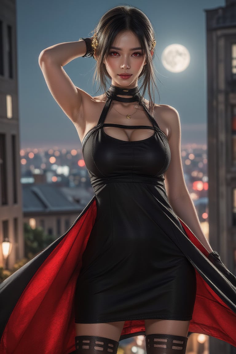 Close up shot, Cinematic Photography, panorama, 1girl, red eyes, perfect body, skinny waist | She is wearing a black form-fitting sleeveless dress, revealing the upper part of her thighs. The neckline is formed by multiple thin black straps that cross and connect around her neck, creating a choker-like appearance while framing her collarbone and shoulders. She is wearing thigh-high black stockings with cut-out designs near the top, creating a bold and striking contrast against the smooth, matte finish of the fabric. Her hands are adorned with short black gloves that extend past the wrist. She is wearing black high heels. Her dress has a flowing cape attached from waist with a red inner lining. A golden rose-shaped accessory is pinned to her hair | Her posture is relaxed and confident, with a casual, yet poised stance. She is standing with one hand raised behind her head, casually resting it against her hair, which gives off a sense of ease and self-assuredness. Her other arm is relaxed at her side, further emphasizing the laid-back nature of the pose. The slight tilt of her head and her subtle smile convey a playful and approachable demeanor, while still maintaining an air of strength. | The background depicts a vibrant cityscape at night, illuminated by the soft glow of streetlights and the brilliant shine of the full moon overhead. Tall buildings with lit windows frame the scene, creating the sense of a bustling urban environment. The deep blue of the night sky contrasts with the artificial lights of the city, giving the scene a mix of tranquility and energy. The reflections from the lights add depth, indicating a lively city that never sleeps, yet the moon casts a calm, serene atmosphere over the setting. The distant lights and towering buildings evoke a modern, metropolitan ambiance, possibly hinting at a downtown area or a business district. This city backdrop enhances the character's presence, making her appear as though she's confidently navigating or observing the urban night. | Perfect dynamic composition, Perfect Realism Photography, Portrait Photography, Realistic, hyper realistic