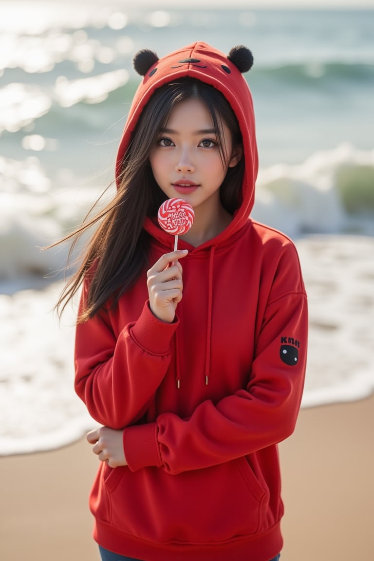 Perfect dynamic composition, Perfect Realism Photography, Portrait Photography, Realistic, hyper realistic, Cinematic Photography, panorama, 1girl, perfect body, skinny waist, mouth slightly open, ballooning cheeks, lips form a round | She is wearing a cute and cheerful hoodie based on the simple and adorable design of Minna No Tābō. The hoodie would be primarily red, reflecting the character’s iconic outfit. The hood would feature Minna No Tābō’s face design, complete with the character’s small black hair tufts and a wide, happy expression. The sleeves could include little hand designs or simple line accents to capture the character’s expressive arm movements. This hoodie would be perfect for fans of this classic character, offering a warm and fun design that spreads joy. | She is standing by the seaside, holding a Chupa Chups lollipop in one hand. With a relaxed posture, she enjoys the candy, bringing it towards her mouth. The cool breeze from the ocean gently brushes her hair, and the sound of waves crashing in the background adds to the tranquil scene. Her eyes gaze off into the distance, possibly lost in thought or savoring the sweetness of the candy. The sun casts a warm glow on her face, enhancing the peaceful moment as she indulges in the lollipop, the bright wrapper still visible in her hand.