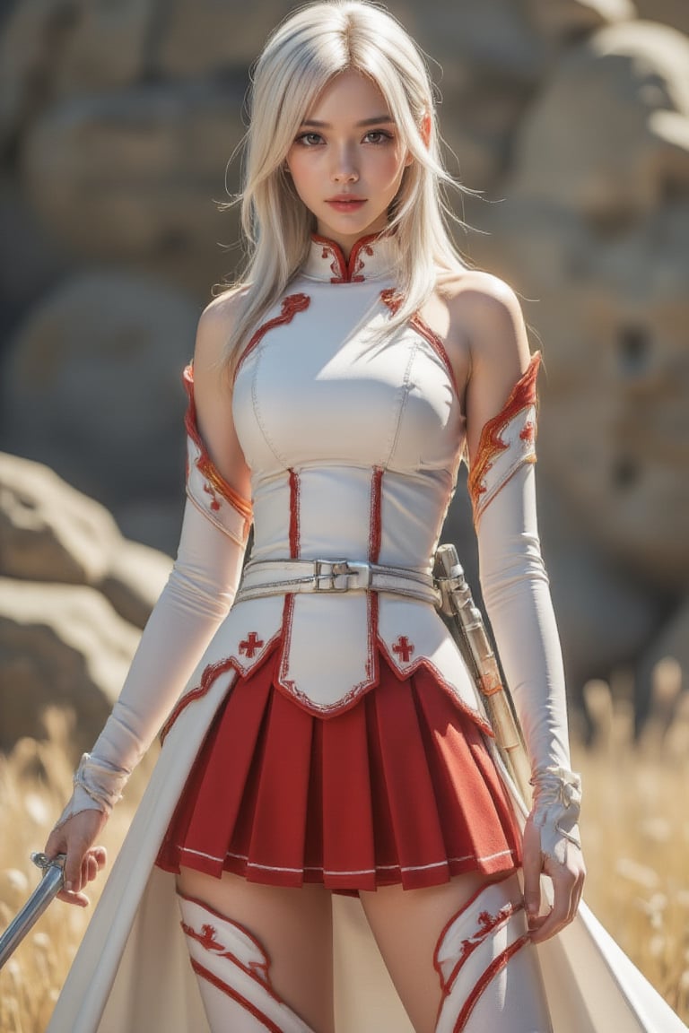 Cinematic Photography, 1girl, white_hair, perfect body, skinny waist | A young woman in a white and red warrior outfit stands in a dynamic battle stance. Her sleeveless top with chest armor, red-gold shoulder accents, and pleated red skirt with royal cross patterns evokes medieval nobility. She wears thigh-high white stockings with red royal cross designs, long white gloves, and ankle-high boots. A cape-like back skirt flows behind her, adding motion. She grips a smallsword firmly in front, angled upward, her posture balanced and ready to strike. The scene is set in a fantasy battlefield, with her intense gaze locked on an unseen opponent. The backdrop might be a fantastical battlefield or medieval setting, where her attire not only serves as protection but also represents her strength and status in combat. | Perfect dynamic composition, Perfect Realism Photography, Portrait Photography, Realistic, hyper realistic, full shot, panorama