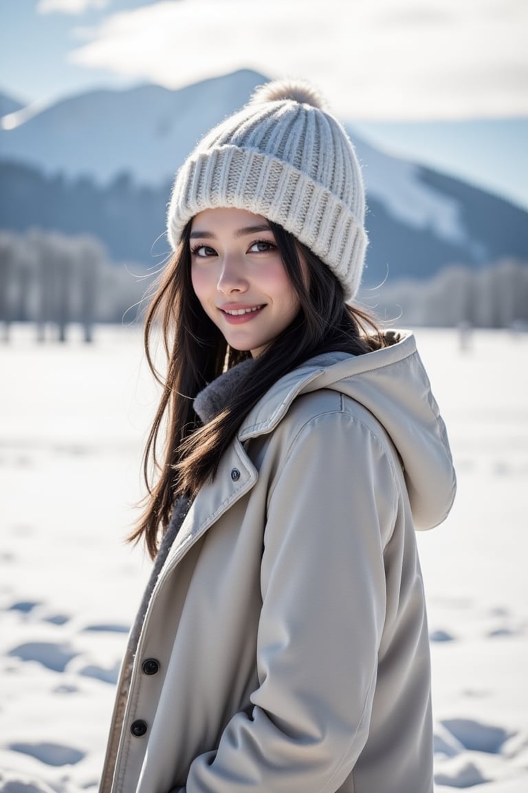 panorama,1girl, perfect body, skinny waist, Portrait Photography | She stands gracefully in the middle of a vast, snow-covered landscape, the mountains rising behind her like silent guardians, their peaks blanketed in shimmering white. The cold air surrounds her, yet she seems unaffected, her face glowing with warmth. Her smile is radiant and gentle, lighting up her soft features, her lips slightly parted in joy. Dark hair cascades from under a knit beanie, a few strands catching the breeze, adding a playful contrast to the snow. Her eyes sparkle with life, reflecting the crisp beauty of the winter scene around her. The pale sunlight filters through the clouds, casting a soft glow on her skin, which has a rosy hue from the cold. She wears a thick coat, its colors muted against the brilliant snow, and her hands are gloved, one resting on her hip while the other dangles loosely by her side. The snow crunches softly beneath her boots, marking her connection to the serene world around her as she stands, peaceful and content, surrounded by nature's quiet majesty. The photo was shot with an ISO of 100 to capture the clarity of the scene and reduce noise, while an aperture of f/8 ensures both the girl and the snowy landscape are in sharp focus. The shutter speed was set to 1/500s to freeze any subtle movement, like snowflakes drifting in the wind. The white balance was set to 'Cloudy' to bring out the cool blues of the snow, while post-processing introduced a light vignette and slightly desaturated colors to create a serene, nostalgic atmosphere. The vast expanse of the mountains adds a sense of isolation, while the girl’s quiet stance evokes a peaceful solitude.