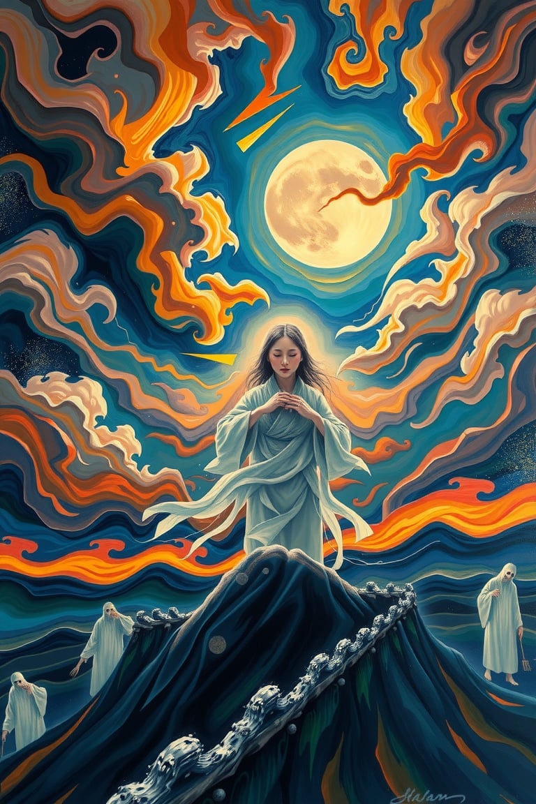 Perfect dynamic composition, Perfect Realism Photography, Portrait Photography, Realistic, hyper realistic, Cinematic Photography, panorama. | Painting "Mid-Autumn Festival, Chang'e Ascends to the Moon" in the style of Skrik (The Scream by Edvard Munch) | A swirling vortex of color and emotion. The serene image of Chang'e ascending toward the moon would be replaced by an ethereal, ghostly figure, her face twisted in an expression of both longing and existential fear. The moon, once a soft beacon of light, becomes a looming, distorted presence in the sky, glowing with an unsettling, almost ominous brightness. The surrounding clouds and night sky, instead of being calm, are now rendered in jagged, chaotic brushstrokes, their hues exaggerated into swirling oranges, reds, and purples, mirroring an inner turmoil. The landscape below, typically peaceful and harmonious in traditional depictions, undulates like a dreamscape, with distorted, ghostly silhouettes watching her ascent, emphasizing a sense of isolation and the fragility of the human condition in the face of the vast, uncaring universe. The entire scene vibrates with tension, as if the very fabric of reality is on the verge of unraveling.