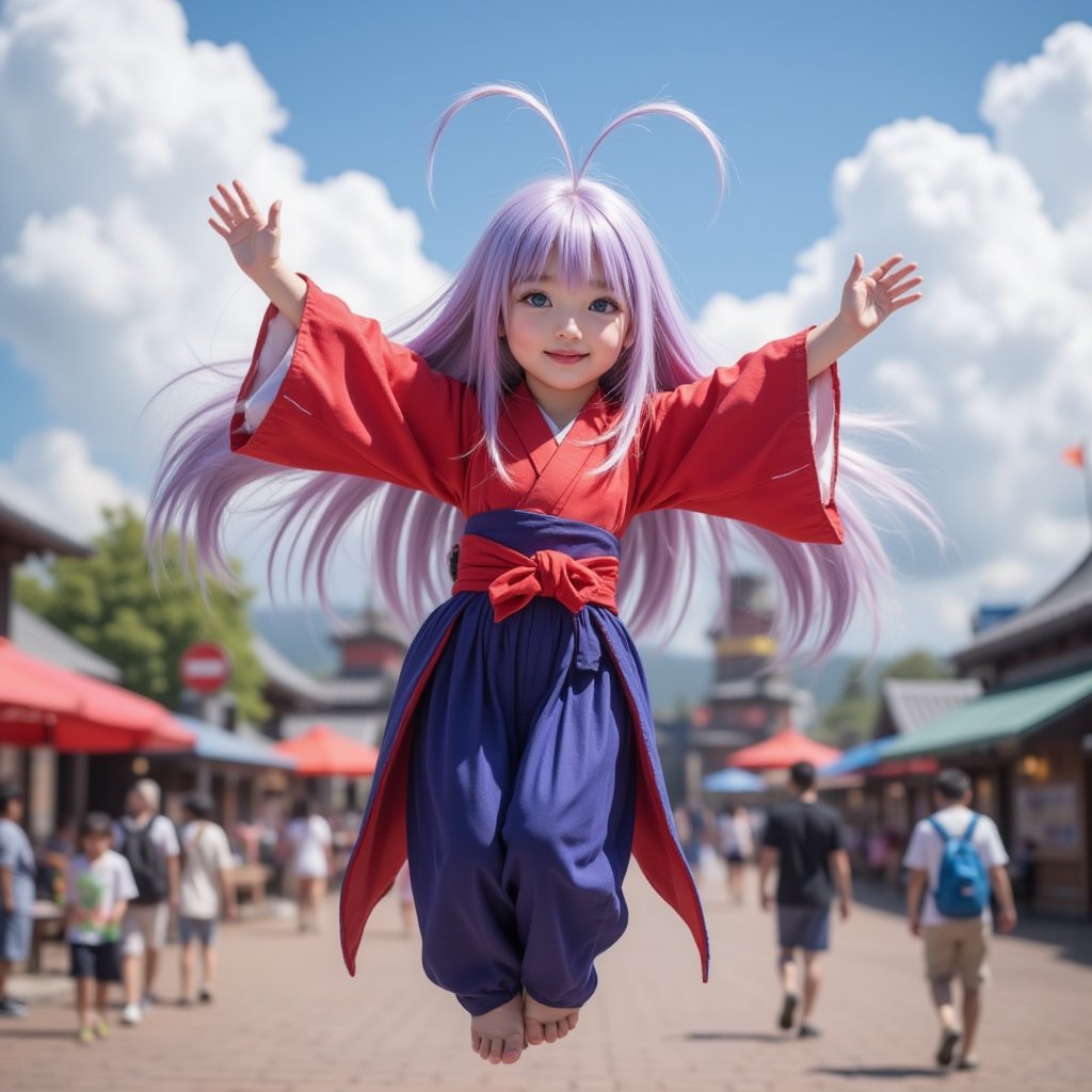 Perfect dynamic composition, Perfect Realism Photography, Portrait Photography, Realistic, hyper realistic, Cinematic Photography, panorama, full body shot, 1girl, perfect body, skinny waist | Young girl. She has Long, light purple hair flows freely around her, with two long and fine hair antenna-like strands rising from the head. She has a large, blue eyes, giving her an innocent and cute appearance. She is wearing a red kimono with wide sleeves, tied at the waist with a large obi. She is wearing a blue hakama, a traditional pleated skirt, commonly worn over a kimono for formal occasions. It has a distinctively flowing and structured look. She is wearing zori or geta, traditional Japanese sandals often paired with kimono or hakama. | Her feet leave the ground effortlessly, arms flung upwards in sheer delight. A radiant smile stretches across her face as her soar for a brief, weightless moment, hair bouncing with the motion, background is theme park