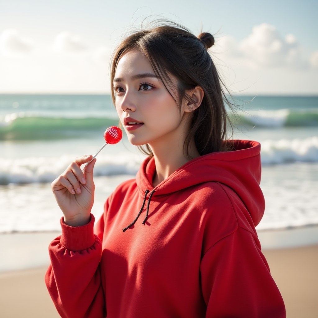 Perfect dynamic composition, Perfect Realism Photography, Portrait Photography, Realistic, hyper realistic, Cinematic Photography, panorama, 1girl, perfect body, skinny waist, mouth slightly open, ballooning cheeks, lips form a round | She is wearing a cute and cheerful hoodie based on the simple and adorable design of Minna No Tābō. The hoodie would be primarily red, reflecting the character’s iconic outfit. The hood would feature Minna No Tābō’s face design, complete with the character’s small black hair tufts and a wide, happy expression. The sleeves could include little hand designs or simple line accents to capture the character’s expressive arm movements. This hoodie would be perfect for fans of this classic character, offering a warm and fun design that spreads joy. | She is standing by the seaside, holding a Chupa Chups lollipop in one hand. With a relaxed posture, she enjoys the candy, bringing it towards her mouth. The cool breeze from the ocean gently brushes her hair, and the sound of waves crashing in the background adds to the tranquil scene. Her eyes gaze off into the distance, possibly lost in thought or savoring the sweetness of the candy. The sun casts a warm glow on her face, enhancing the peaceful moment as she indulges in the lollipop, the bright wrapper still visible in her hand.