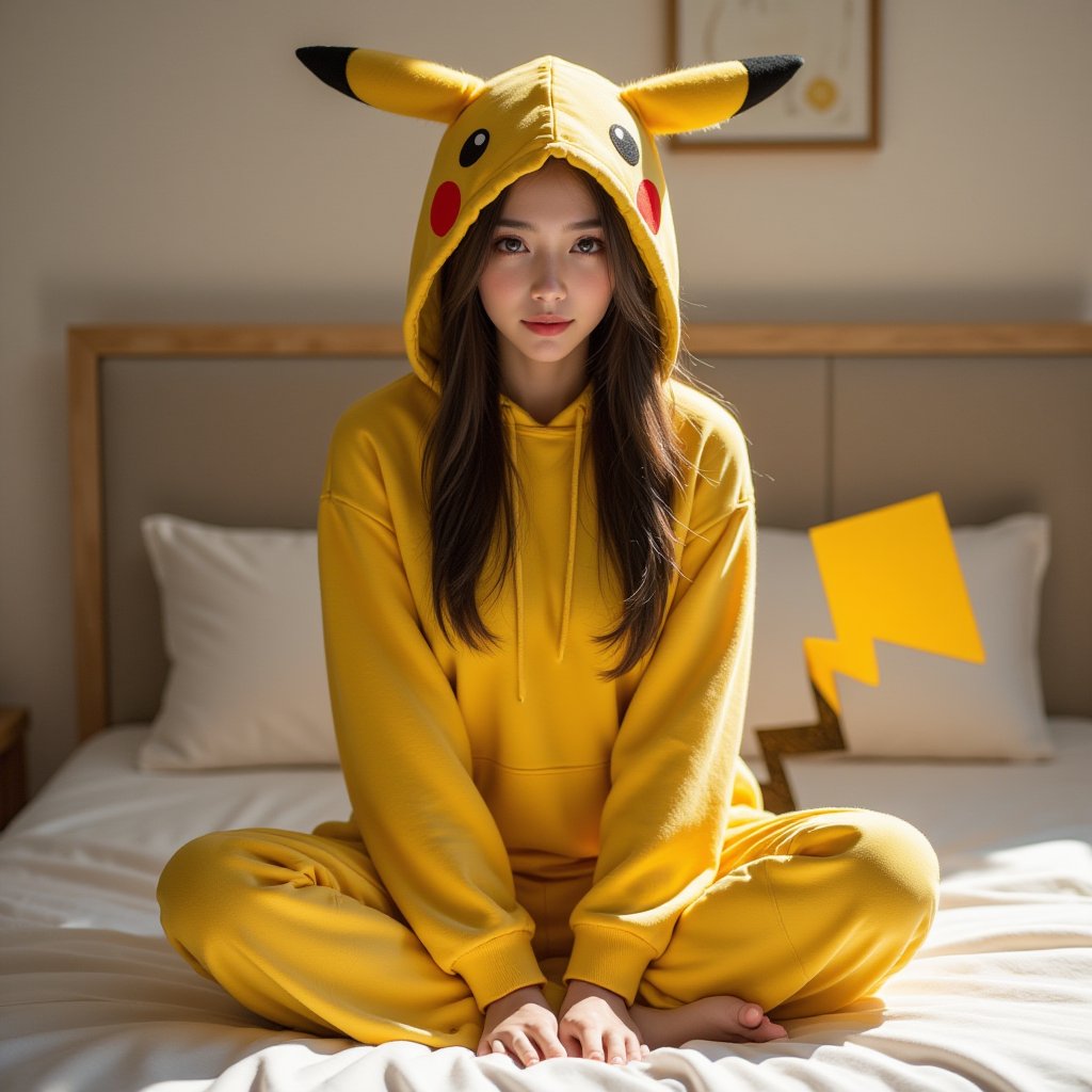 Perfect dynamic composition, Perfect Realism Photography, Portrait Photography, Realistic, hyper realistic, Cinematic Photography, full body shot, panorama, 1girl, perfect body, skinny waist | She is wearing a bright yellow hoodie featuring long sleeves and a front pocket. The hoodie includes large pointy ears attached to the hood with black tips, representing the iconic look of the pikachu’s ears. The front has round red patches on each cheek, just like the pikachu's distinct face markings. The back features a lightning-bolt shaped tail design. The hoodie also has small black accents on the bottom to mimic the pikachu's feet. Barefoot.| She sat cross-legged on the bed, her feet tucked comfortably beneath her as she leaned back against the headboard. The soft blanket was pulled up around her legs, and she absentmindedly traced the patterns on the fabric with her fingers. The bedroom was quiet, bathed in the soft light streaming in from the window, creating a cozy, intimate atmosphere