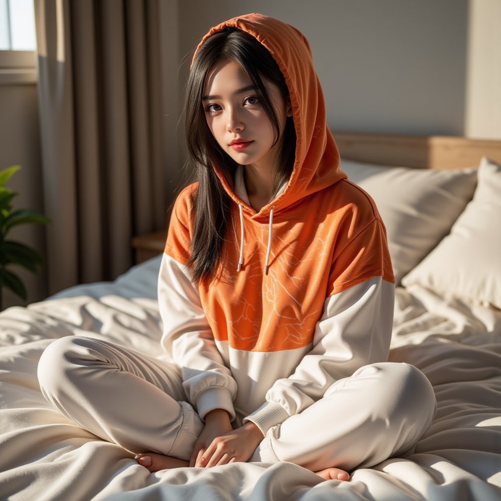 Perfect dynamic composition, Perfect Realism Photography, Portrait Photography, Realistic, hyper realistic, Cinematic Photography, full body shot, panorama, 1girl, perfect body, skinny waist | She is wearing a fun and quirky hoodie designed to resemble salmon sushi. The main body of the hoodie would be white to represent the rice base, with the top half covered in an orange, patterned layer resembling the delicious marbled texture of a salmon slice. The hood could have a soft and subtle wavy texture to mimic the fish’s delicate appearance. For added detail, the sleeves could include small accents or designs to resemble the nori (seaweed) or garnishes used in sushi. This hoodie would be a playful homage to sushi, perfect for food lovers and those who enjoy unique, themed apparel. | She sat cross-legged on the bed, her feet tucked comfortably beneath her as she leaned back against the headboard. The soft blanket was pulled up around her legs, and she absentmindedly traced the patterns on the fabric with her fingers. The bedroom was quiet, bathed in the soft light streaming in from the window, creating a cozy, intimate atmosphere