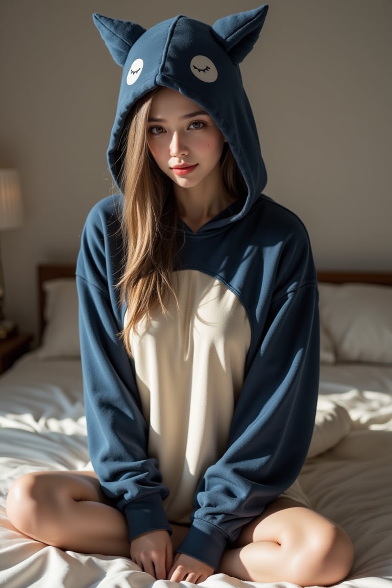 Perfect dynamic composition, Perfect Realism Photography, Portrait Photography, Realistic, hyper realistic, Cinematic Photography, full body shot, panorama, 1girl, perfect body, skinny waist | She is wearing a cozy, oversized hoodie inspired by the Snorlax’s soft and round appearance. The hoodie would be primarily dark blue with a large cream-colored belly section on the front to mimic the character’s body. The hood would feature small, pointy blue ears and a relaxed face design with closed eyes and tiny fangs peeking out for a sleepy, relaxed vibe. The sleeves and cuffs could have small white claws sewn in to match the character’s hands and feet. This hoodie would be perfect for a laid-back, comfortable, and playful look. | She sat cross-legged on the bed, her feet tucked comfortably beneath her as she leaned back against the headboard. The soft blanket was pulled up around her legs, and she absentmindedly traced the patterns on the fabric with her fingers. The bedroom was quiet, bathed in the soft light streaming in from the window, creating a cozy, intimate atmosphere