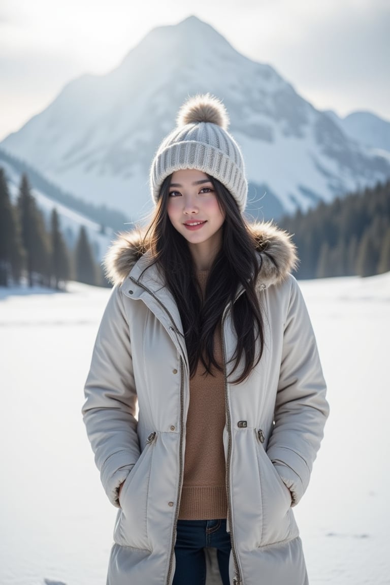 panorama,1girl, perfect body, skinny waist, Portrait Photography, Cinematic Photography | She stands gracefully in the middle of a vast, snow-covered landscape, the mountains rising behind her like silent guardians, their peaks blanketed in shimmering white. The cold air surrounds her, yet she seems unaffected, her face glowing with warmth. Her smile is radiant and gentle, lighting up her soft features, her lips slightly parted in joy. Dark hair cascades from under a knit beanie, a few strands catching the breeze, adding a playful contrast to the snow. Her eyes sparkle with life, reflecting the crisp beauty of the winter scene around her. The pale sunlight filters through the clouds, casting a soft glow on her skin, which has a rosy hue from the cold. She wears a thick coat, its colors muted against the brilliant snow, and her hands are gloved, one resting on her hip while the other dangles loosely by her side. The snow crunches softly beneath her boots, marking her connection to the serene world around her as she stands, peaceful and content, surrounded by nature's quiet majesty. The photo was shot with an ISO of 100 to capture the clarity of the scene and reduce noise, while an aperture of f/8 ensures both the girl and the snowy landscape are in sharp focus. The shutter speed was set to 1/500s to freeze any subtle movement, like snowflakes drifting in the wind. The white balance was set to 'Cloudy' to bring out the cool blues of the snow, while post-processing introduced a light vignette and slightly desaturated colors to create a serene, nostalgic atmosphere. The vast expanse of the mountains adds a sense of isolation, while the girl’s quiet stance evokes a peaceful solitude.