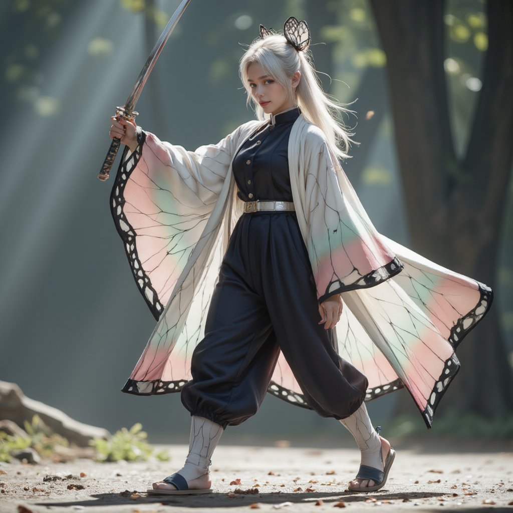 Cinematic Photography, 1girl, white_hair, perfect body, skinny waist | She is wearing a layered, formal attire with distinct features. The outermost layer is a flowing butterfly-winged haori-style jacket, white with a gradient of soft pink and mint green at the edges, patterned with black butterfly wing-like details. Underneath, she is wears a fitted dark uniform with a high collar and thin silver belt, typical of a formal, disciplined style. The haori's flowing sleeves contrast the fitted uniform underneath, giving an elegant yet functional appearance. Paired with loose pants gathered at the ankles and traditional tabi-style socks with sandals, creating a blend of elegance, grace, and agility, with the  featuring a subtle gradient that mirrors the haori. The entire outfit blends traditional and formal elements, creating a sense of both grace and authority. A butterfly hairpin completes the look, reinforcing a delicate yet powerful theme. | she steps forward with one foot firmly planted and the other extended back for balance. Her torso leans slightly forward, and her dominant hand grips the sword, which is raised at shoulder level. The blade is angled downward, ready to slash in a swift, diagonal motion. Her other hand is either extended for balance or lightly touching the hilt for additional control. | The background is a stormy or mist-filled setting would add intensity—perhaps a blurred forest or battlefield with falling leaves or petals swirling around. | Perfect dynamic composition, Perfect Realism Photography, Portrait Photography, Realistic, hyper realistic, full shot, panorama