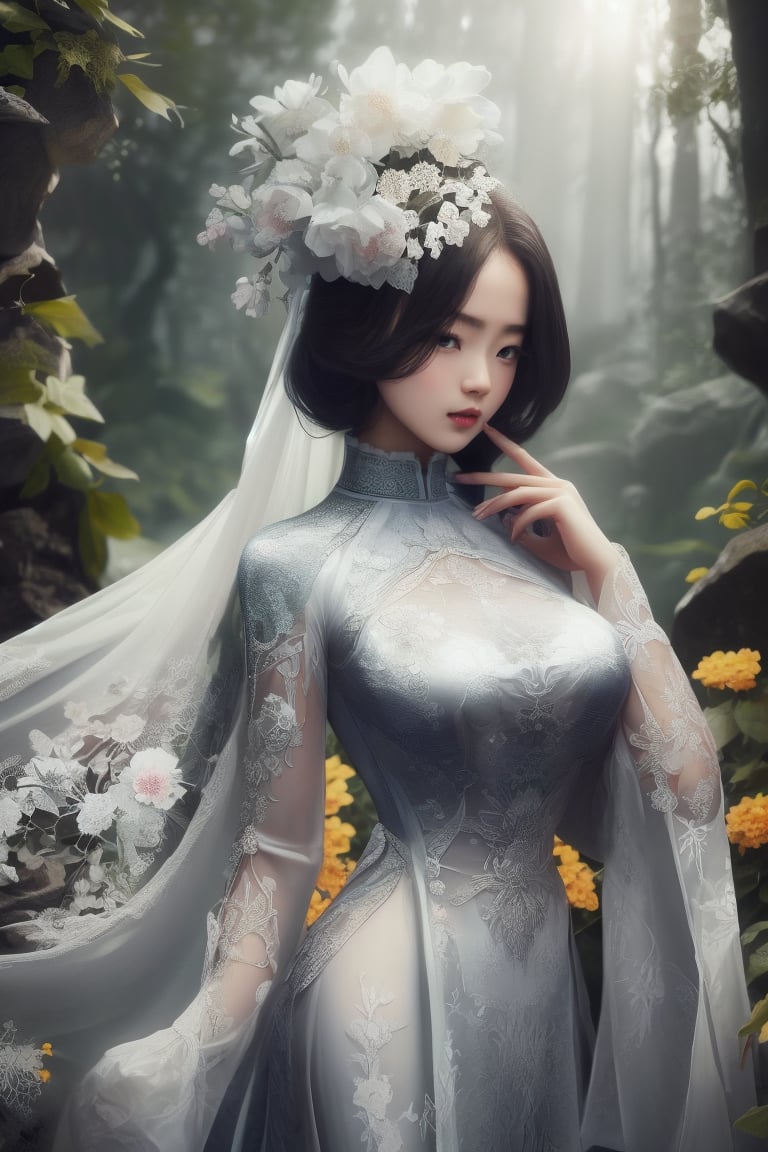 The image depicts a beauty vietnamese girl in white ao dai with her beauty lovely face smiling, standing outdoors amidst ethereal lighting. She is wearing a long, white ao dai with intricate designs on the sleeves.  She is standing in an outdoor setting that appears to be a garden or forest, with trees and rocks visible in the background. Ethereal beams of light filter through the trees, casting an otherworldly glow on the scene. There's a mystical or serene atmosphere created by the combination of natural elements and lighting.,Ao Dai,ao dai,dress,woman,Young beauty spirit ,Vietnamese,Jun_v1, gigantic breasts, 5 foot tall girl,