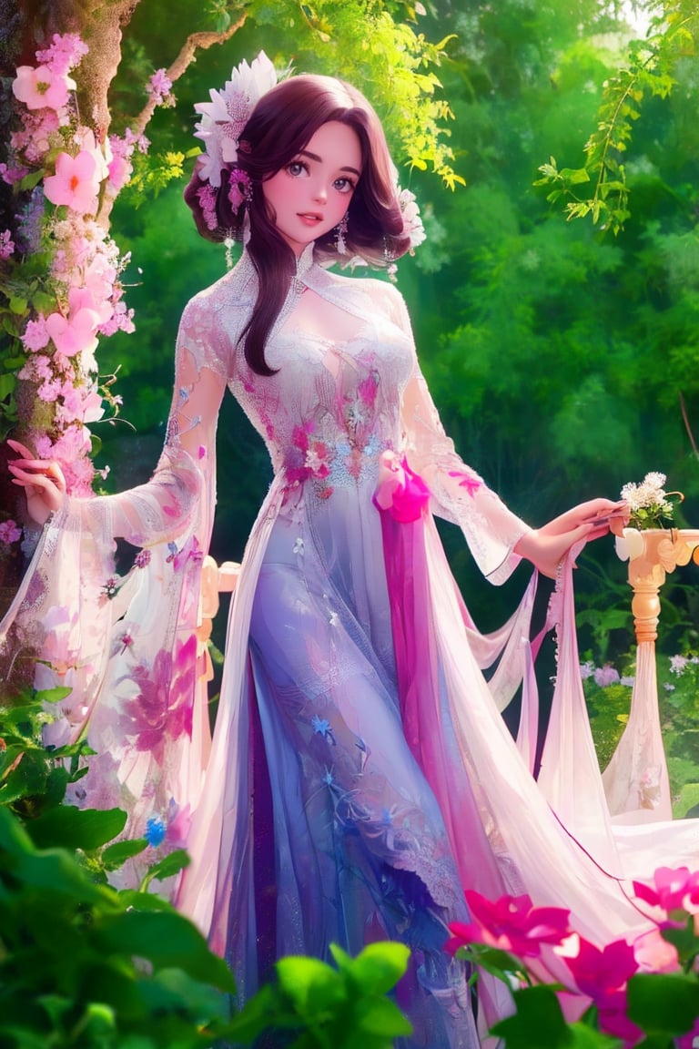 The image depicts a beauty vietnamese girl in white ao dai with her beauty lovely face smiling, standing outdoors amidst ethereal lighting. She is wearing a long, white ao dai with intricate designs on the sleeves.  She is standing in an outdoor setting that appears to be a garden or forest, with trees and rocks visible in the background. Ethereal beams of light filter through the trees, casting an otherworldly glow on the scene. There's a mystical or serene atmosphere created by the combination of natural elements and lighting.,Ao Dai,ao dai,dress,woman,Young beauty spirit ,Vietnamese,CarylAniV1