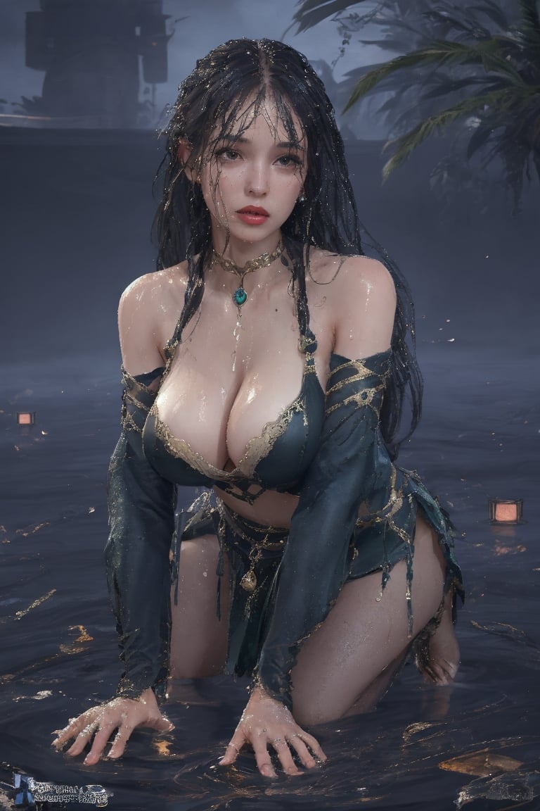 Semirealistic, potrait, masterpiece, best quality, volumetric lighting, gigantic_breasts,saggy_breasts, long_hair, absolute_cleavage,crotch_curtain,night cityscape,1girl,girl_lying_down_in_shallow_water_in the_oasis,spreading_legs, M_legs, vulva, no_panties, pubic_hair,FlawlessElegance,palm_trees_in_the_background, windy, skirt_blow, wind_blown_hair, Torches,MatariDress,half_body_shot,Irish_v1,girl submerged_in_water,GreenDress,on_all_fours,on_hands_and_feet, looking_at_viewer,sweating,soaking
