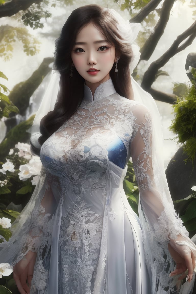 The image depicts a beauty vietnamese girl in white ao dai with her beauty lovely face smiling, standing outdoors amidst ethereal lighting. She is wearing a long, white ao dai with intricate designs on the sleeves.  She is standing in an outdoor setting that appears to be a garden or forest, with trees and rocks visible in the background. Ethereal beams of light filter through the trees, casting an otherworldly glow on the scene. There's a mystical or serene atmosphere created by the combination of natural elements and lighting.,Ao Dai,ao dai,dress,woman,Young beauty spirit ,Vietnamese,Jun_v1, gigantic breasts, 5 foot tall girl,