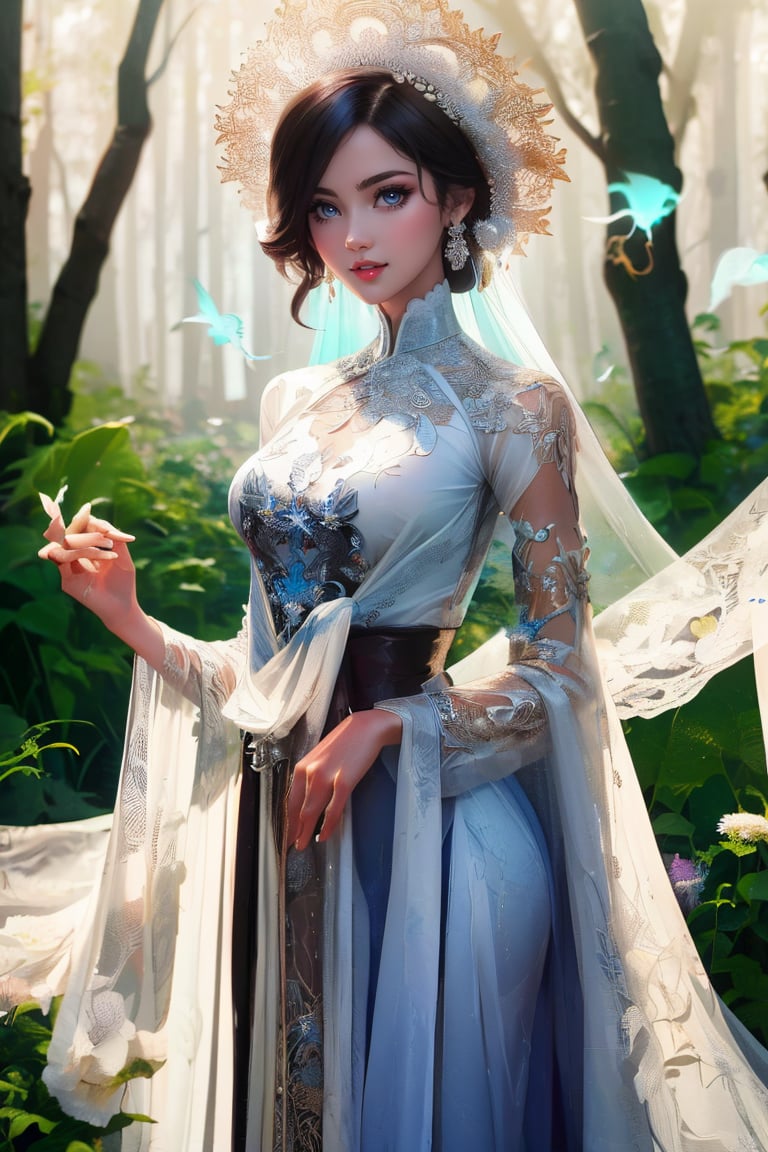 The image depicts a beauty vietnamese girl in white ao dai with her beauty lovely face smiling, standing outdoors amidst ethereal lighting. She is wearing a long, white ao dai with intricate designs on the sleeves.  She is standing in an outdoor setting that appears to be a garden or forest, with trees and rocks visible in the background. Ethereal beams of light filter through the trees, casting an otherworldly glow on the scene. There's a mystical or serene atmosphere created by the combination of natural elements and lighting.,Ao Dai,ao dai,dress,woman,Young beauty spirit ,Vietnamese,CarylAniV1