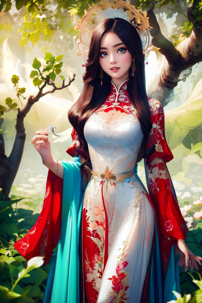 The image depicts a beauty vietnamese girl in white ao dai with her beauty lovely face smiling, standing outdoors amidst ethereal lighting. She is wearing a long, white ao dai with intricate designs on the sleeves.  She is standing in an outdoor setting that appears to be a garden or forest, with trees and rocks visible in the background. Ethereal beams of light filter through the trees, casting an otherworldly glow on the scene. There's a mystical or serene atmosphere created by the combination of natural elements and lighting.,Ao Dai,ao dai,dress,woman,Young beauty spirit ,Vietnamese,CarylAniV1