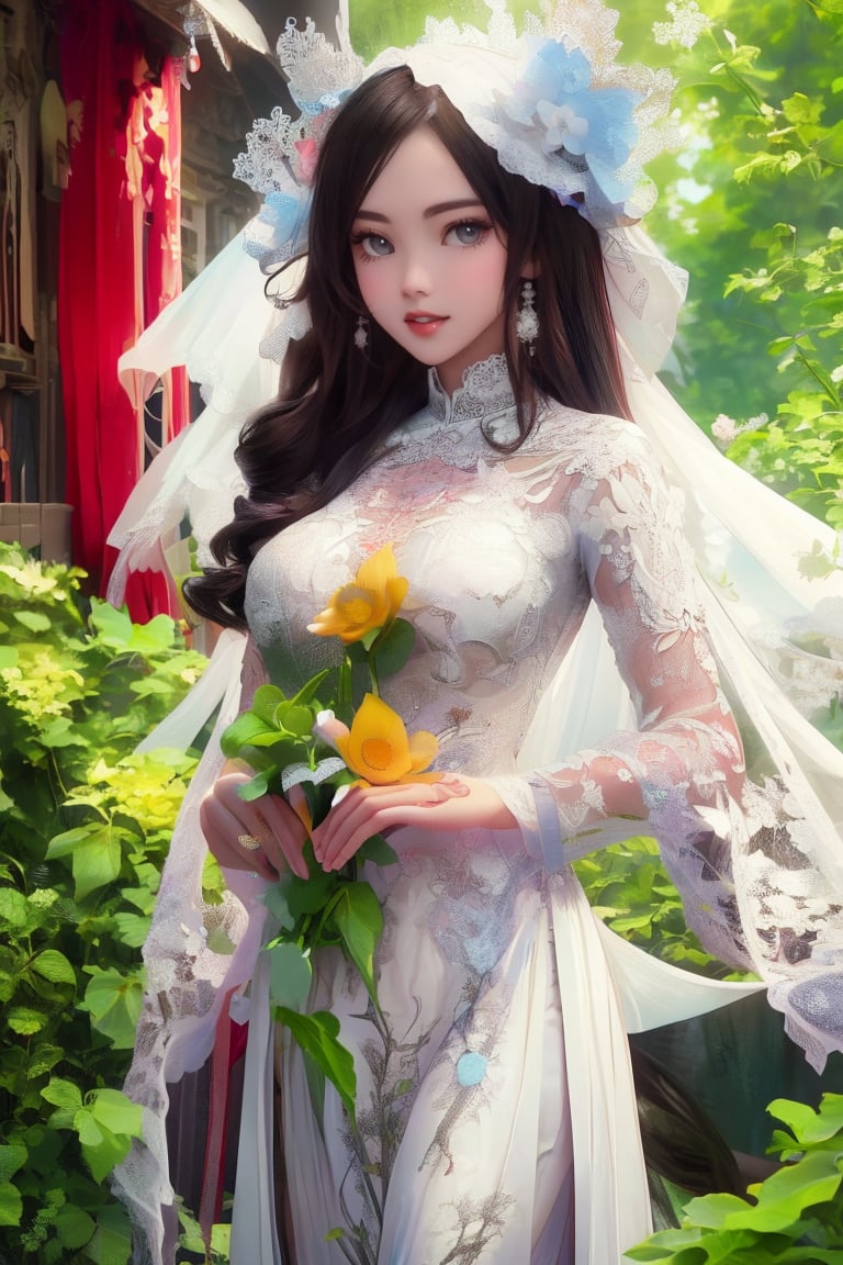 The image depicts a beauty vietnamese girl in white ao dai with her beauty lovely face smiling, standing outdoors amidst ethereal lighting. She is wearing a long, white ao dai with intricate designs on the sleeves.  She is standing in an outdoor setting that appears to be a garden or forest, with trees and rocks visible in the background. Ethereal beams of light filter through the trees, casting an otherworldly glow on the scene. There's a mystical or serene atmosphere created by the combination of natural elements and lighting.,Ao Dai,ao dai,dress,woman,Young beauty spirit ,Vietnamese,CarylAniV1