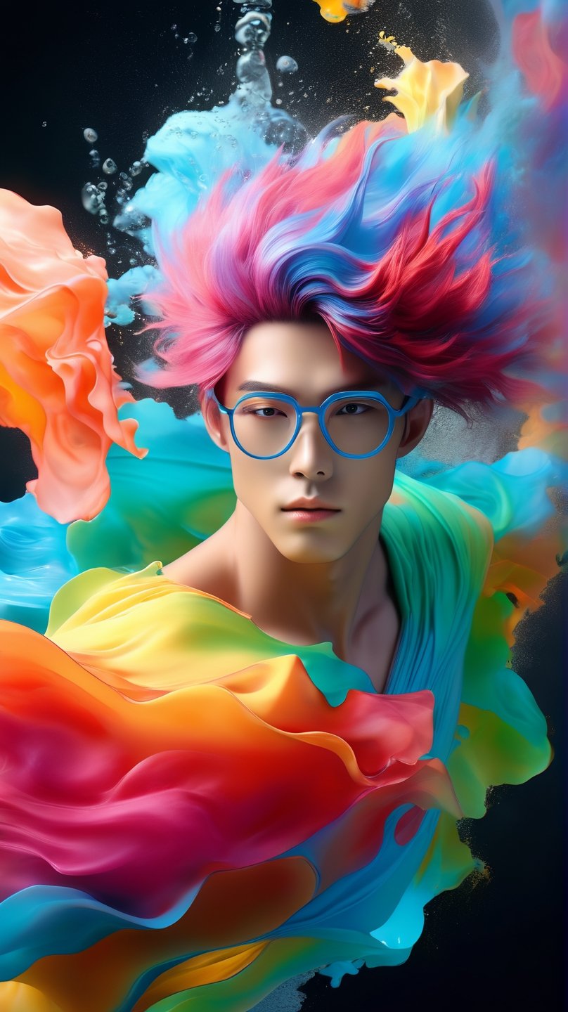 Beatiful steam-like handsome, muscular, Korean male model with glasses, man with colorful flowy hair and body resembling steam in water, work of beauty and complexity, ghostcore, prismatic glow elements, fluidity, detailed face, 8k UHD , man dancing, alberto seveso style, flower petals flying with the wind,photo r3al,Leonardo Style,niji style,ghibli,illustrator