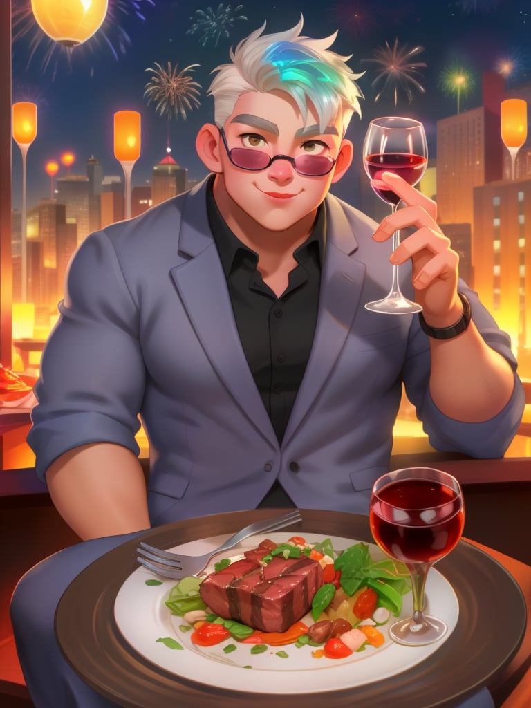 1male,upper body,(masculine, square_jawline,chubby_face,broad_shoulders),sexy,muscle_chubby,chubby_face,handsome , suit(casual_modern_style_outfit),iridescent_hair_short ,white_hair,masterpiece, (sit, eat, eat dinner, luxury, rooftop, steak, wine glass, fork) background simple,night fireworks